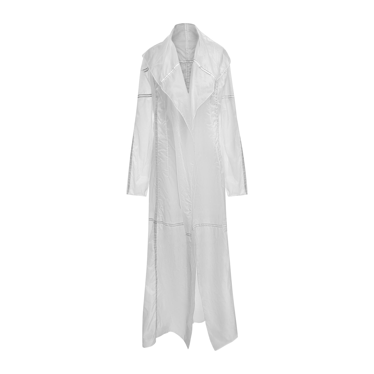 Long sheer duster coat with open front, wide collar, and visible parachute seamlines. Made from upcycled military nylon.