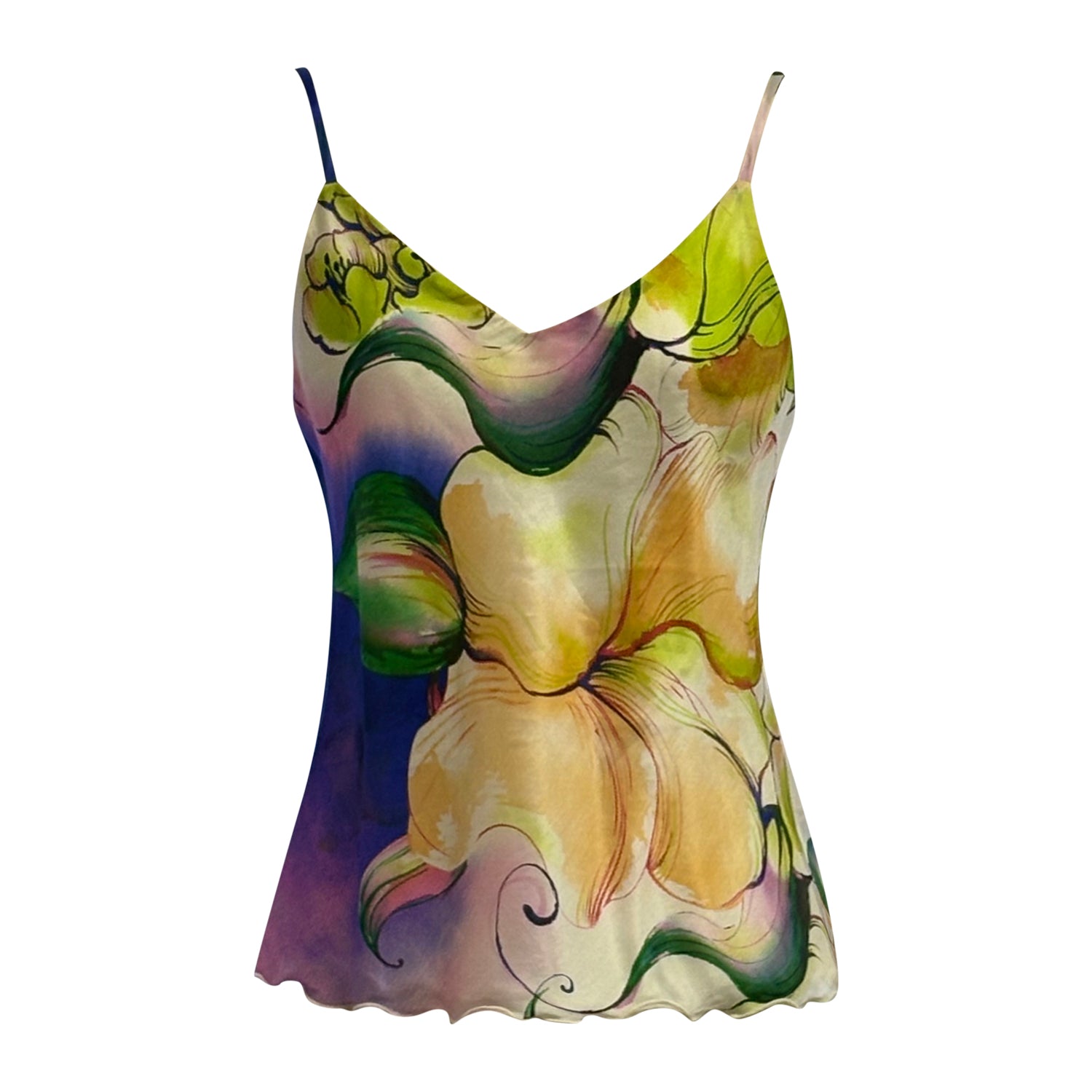 Bright multicolor swirl floral silk camisole with self fabric straps