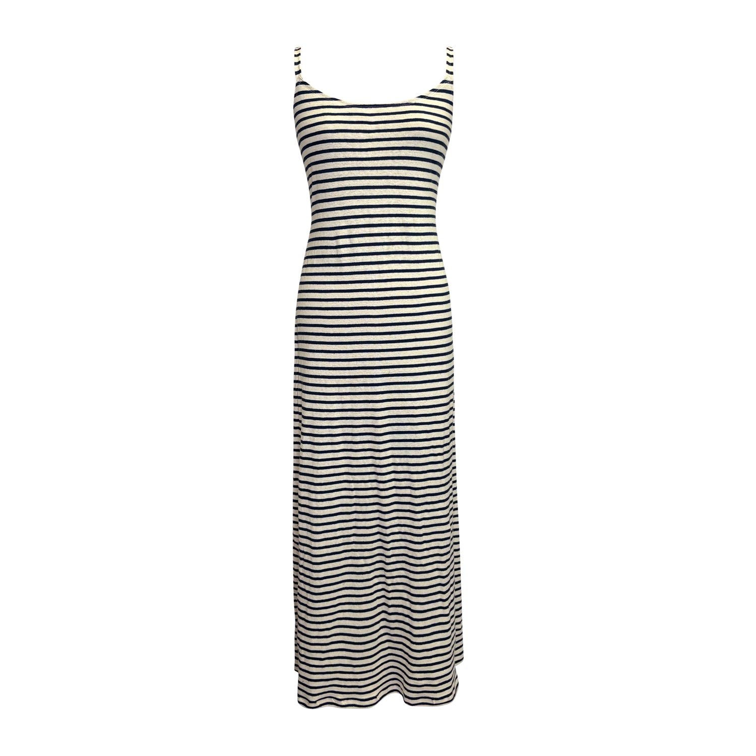 Striped hemp cotton ankle-length dress with spaghetti straps