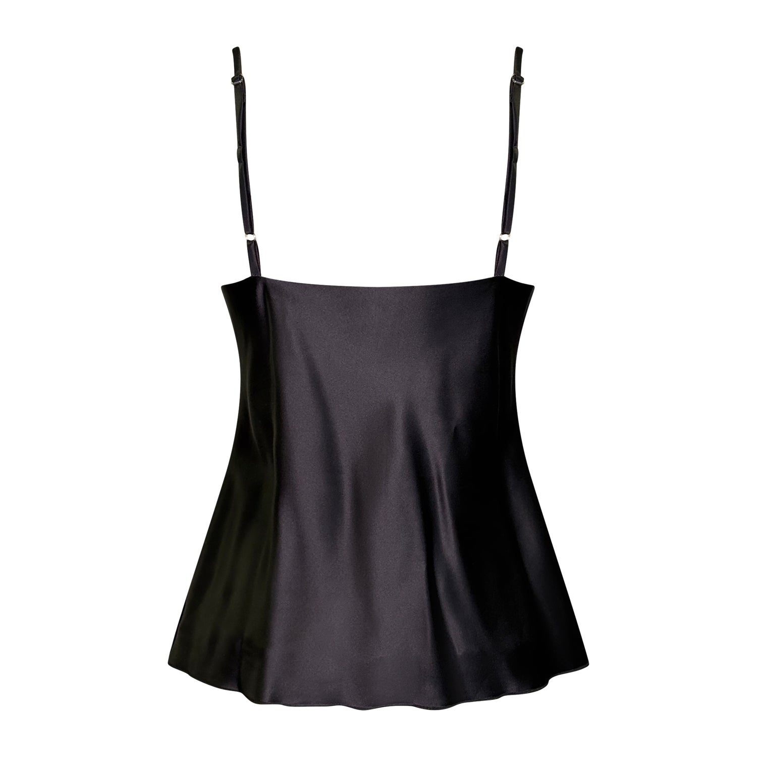 Megan Camisole in black hemp silk satin – minimalist V-neck camisole with bias cut and adjustable straps.
