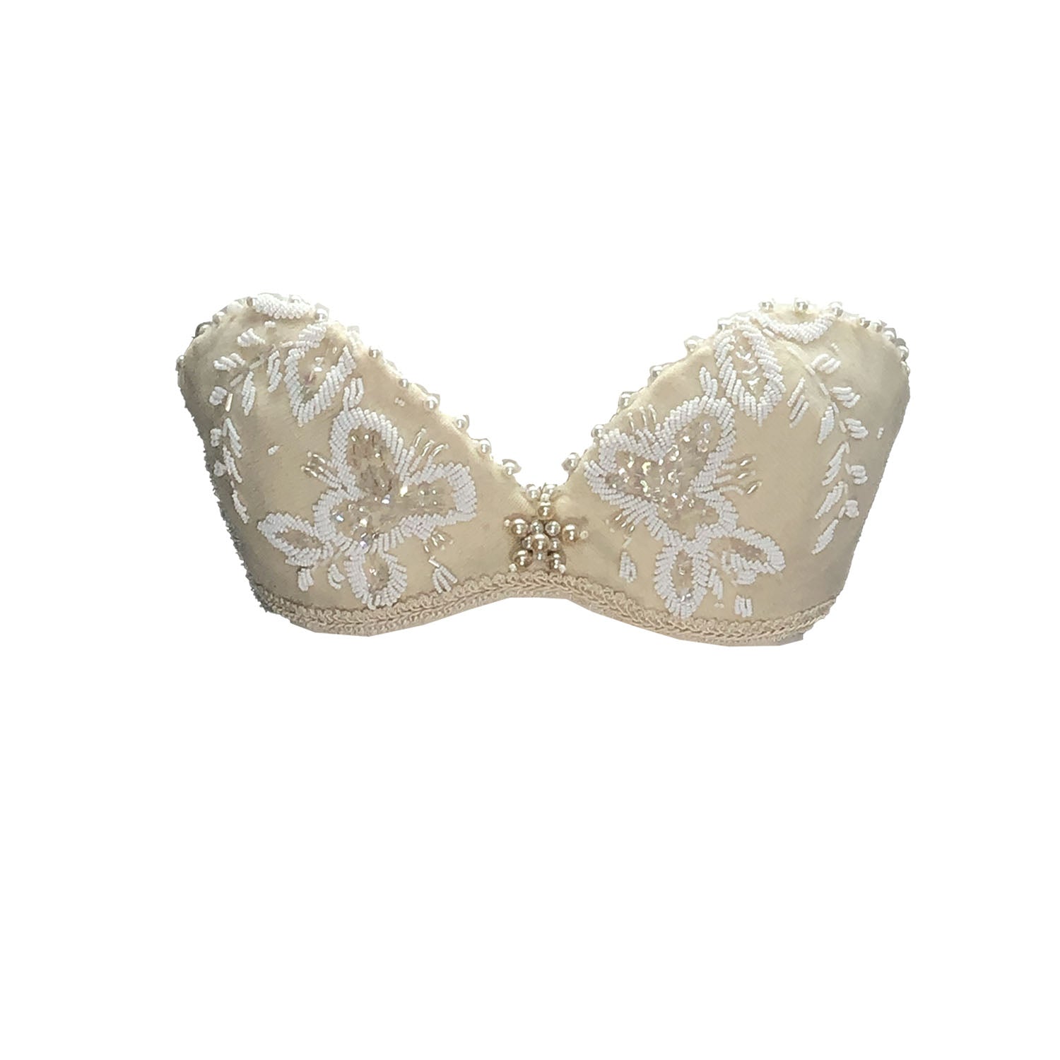 Janet Bralette – vintage ivory wool bustier with pearl and sequin floral embellishments by Deborah Lindquist