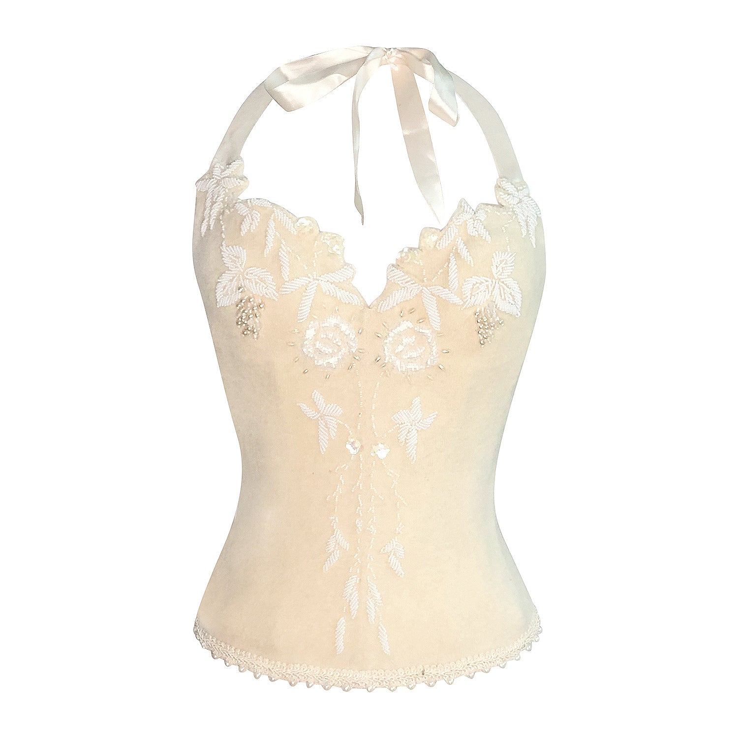 Janice Bustier, a vintage beaded wool bustier with pearl detailing and halter tie, paired with a linen bustle skirt.
