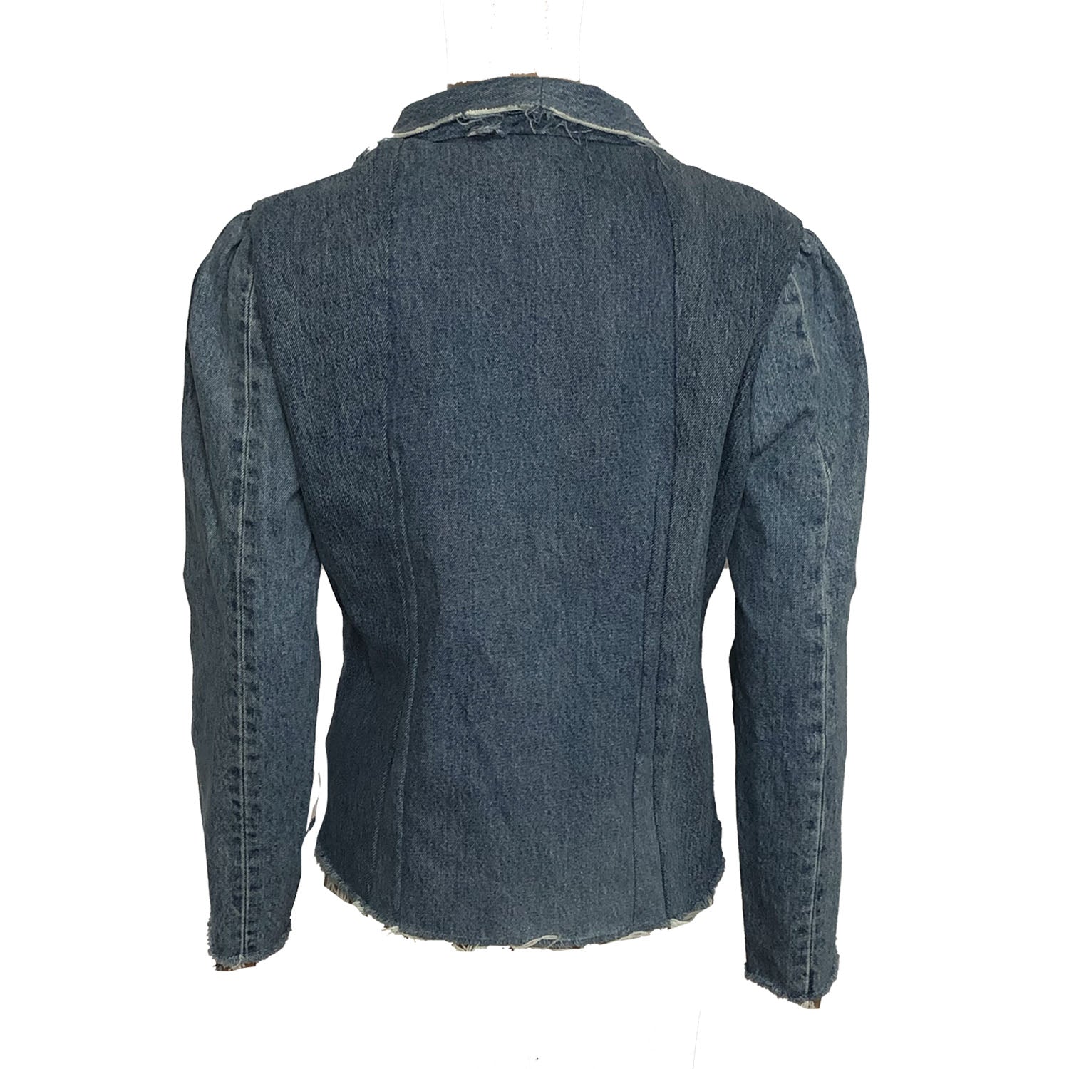 Back view of the Kelly Jacket – a fitted, long-sleeve denim jacket with raw edges, notched collar, and button-front closure, made from upcycled cotton denim.