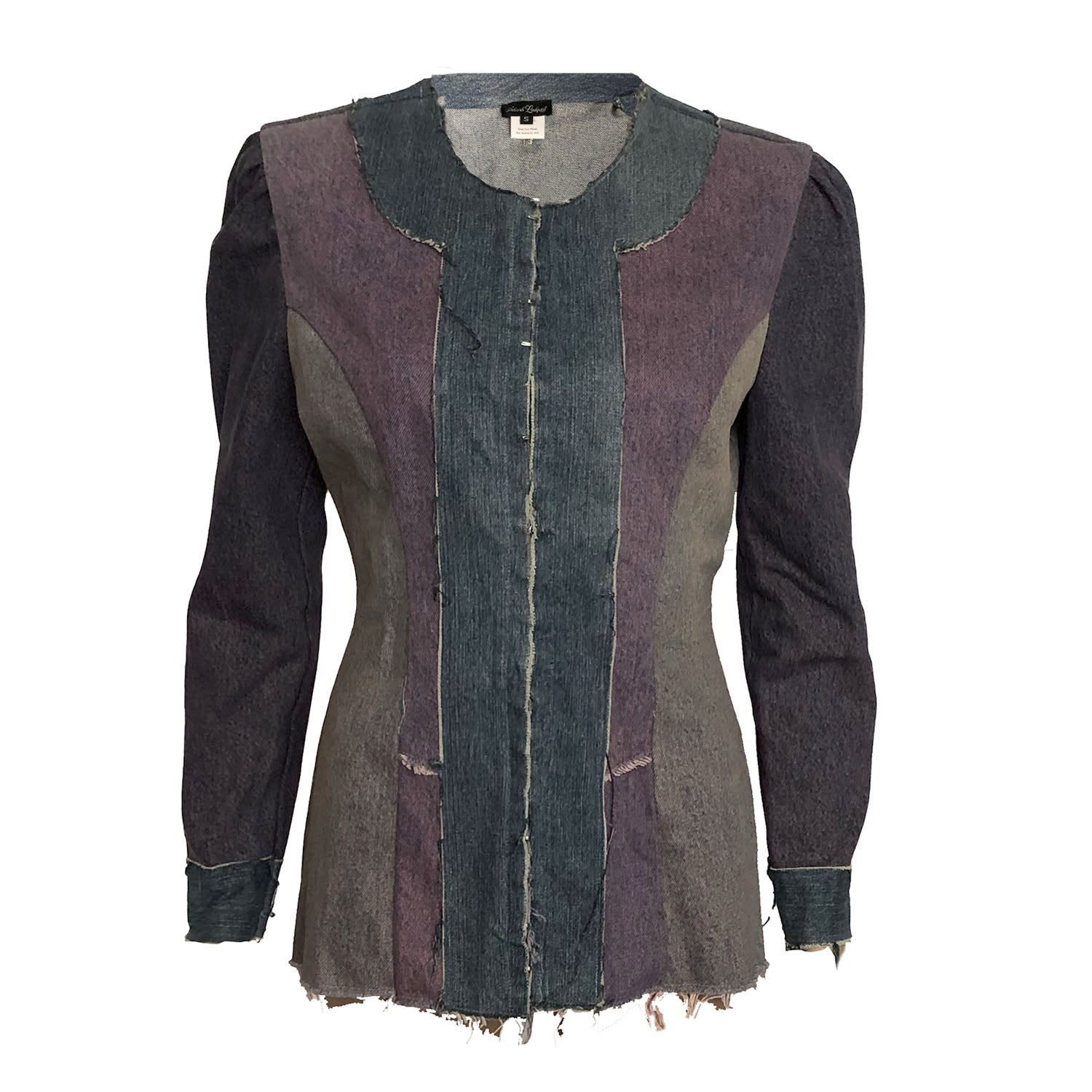 Color-blocked Lana Jacket in overdyed upcycled denim with raw edges, tailored fit, and hook front closure 