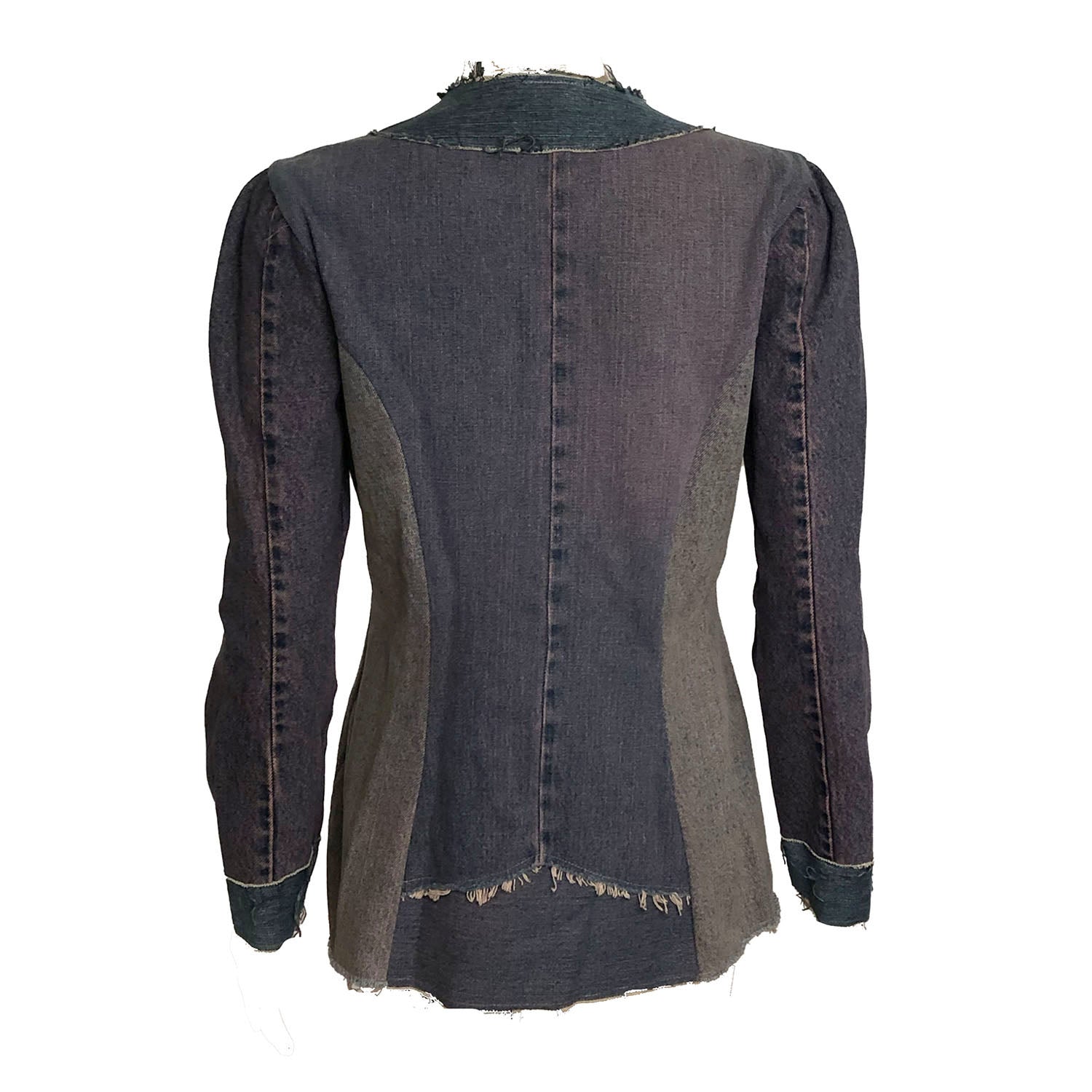 back: Color-blocked Lana Jacket in overdyed upcycled denim with raw edges, tailored fit, and hook front closure 