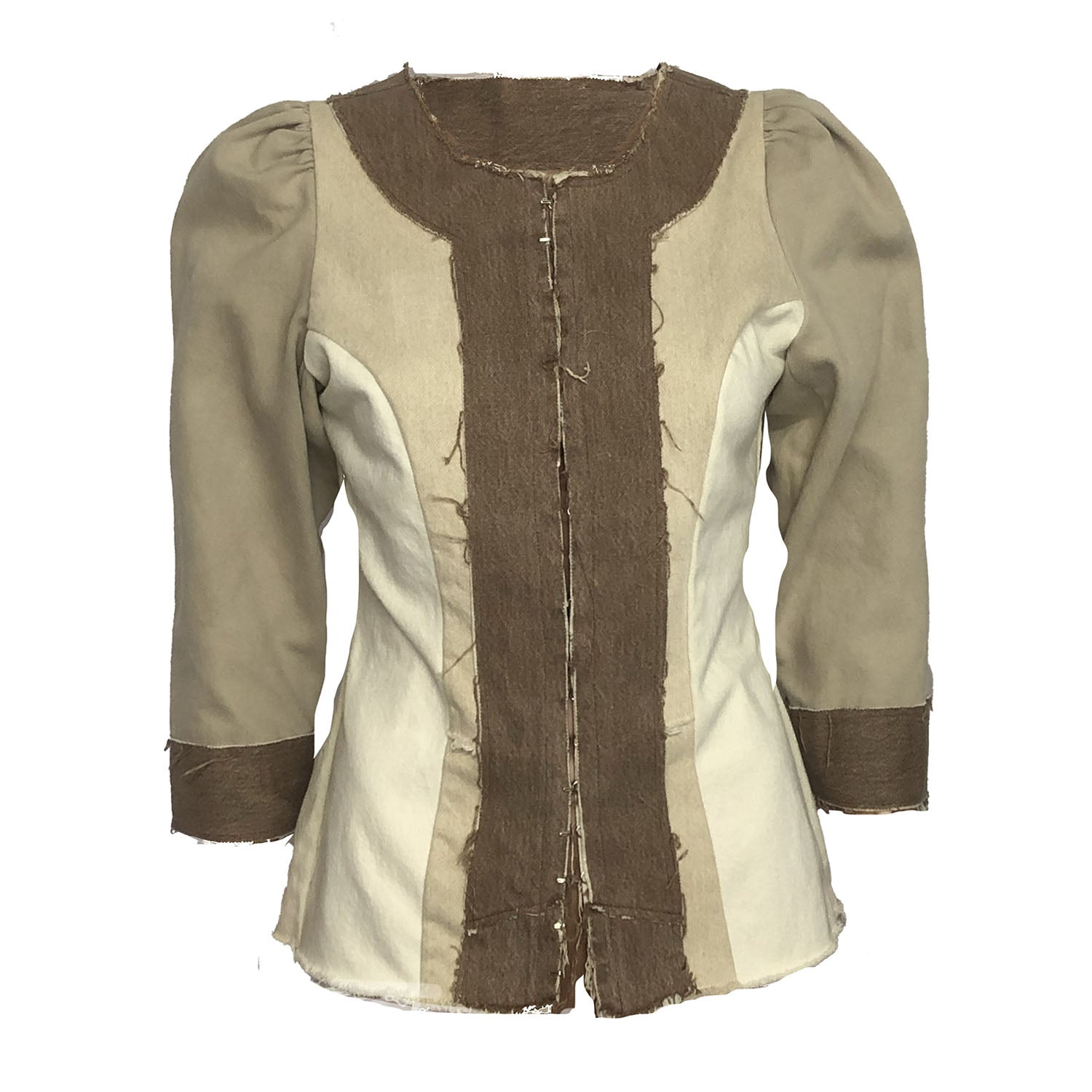 Front view of Lana Jacket in tan color-blocked upcycled denim with raw-edged trim and ¾ sleeves.