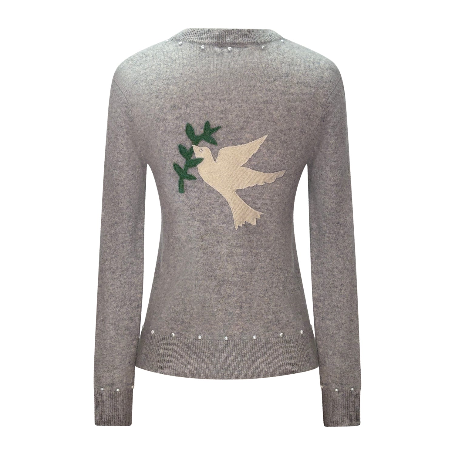 back Heather grey V-neck cardigan with ivory dove and green olive branch appliqué, pearl buttons, and pearl stud detailing.