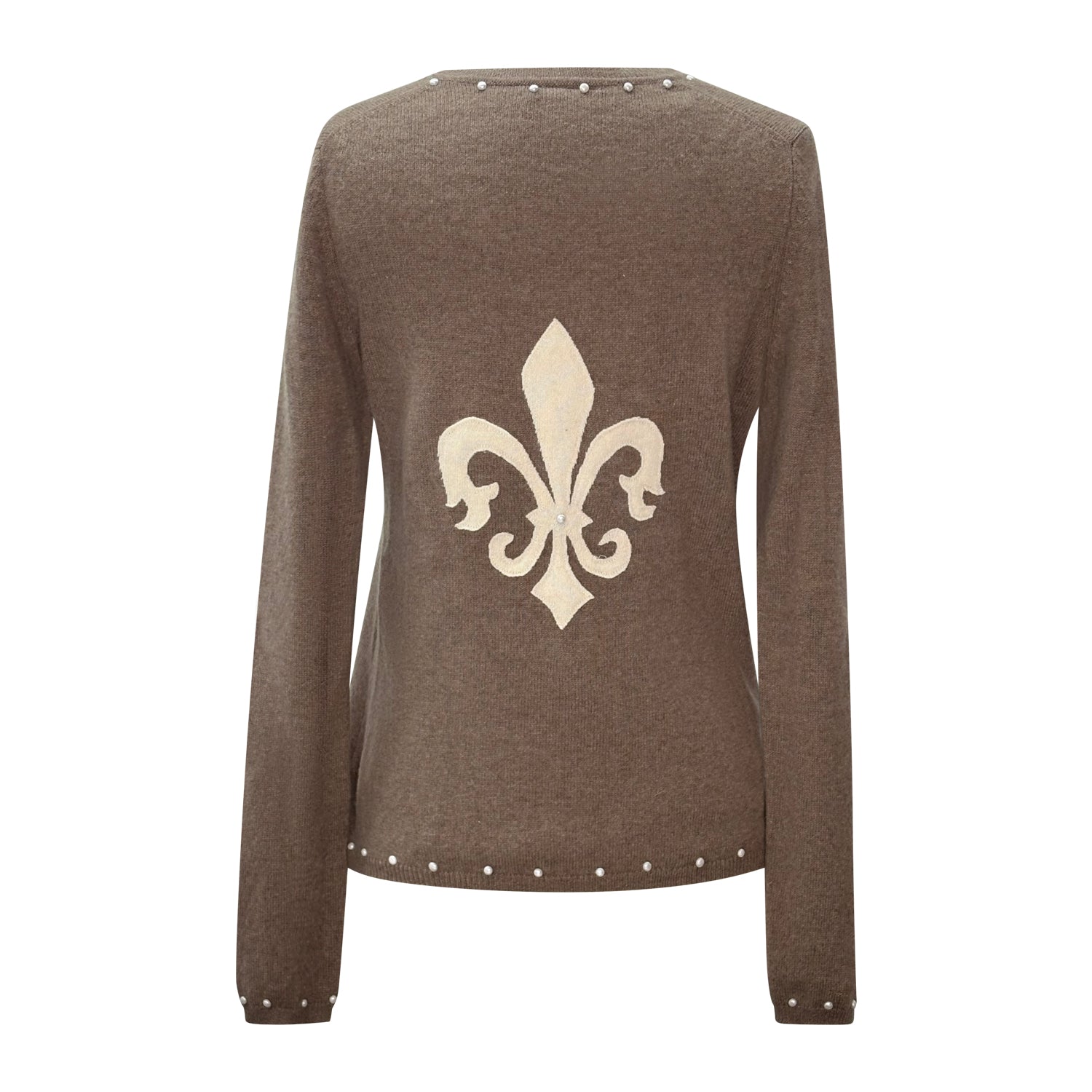 back Taupe v-neck cashmere cardigan with cream fleur de lys appliqué and pearl stud detailing.
