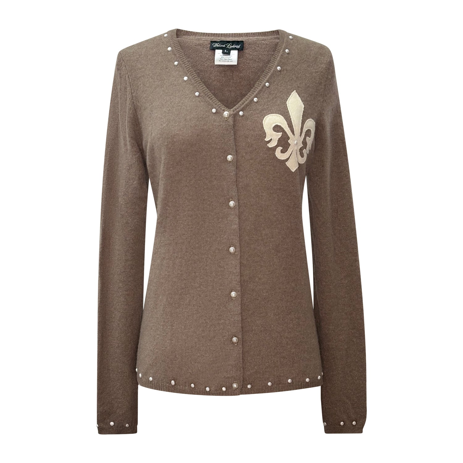 Taupe v-neck cashmere cardigan with cream fleur de lys appliqué and pearl stud detailing.

