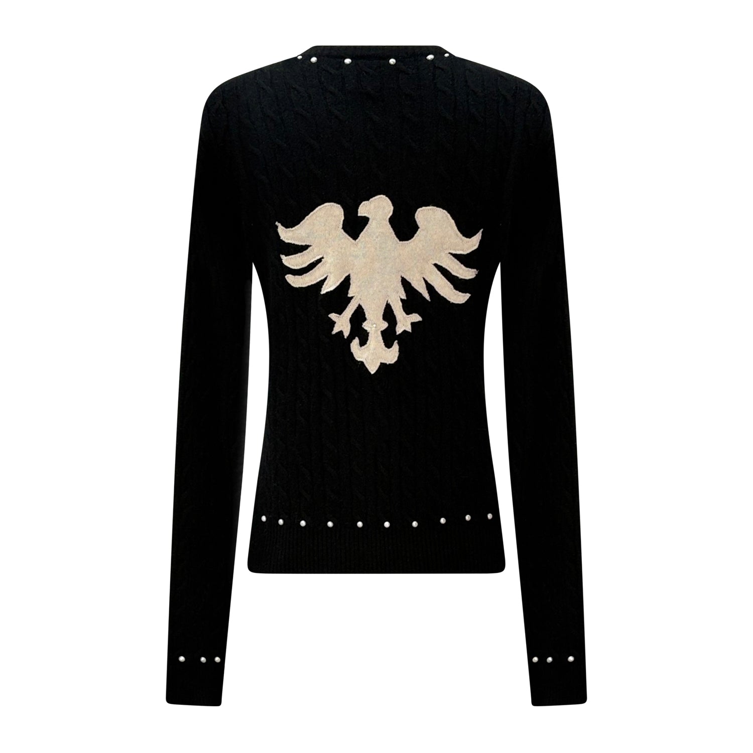 Black cashmere cardigan with pearl buttons and single eagle shield appliqué on the front, from the eco-conscious reincarnated cashmere collection.