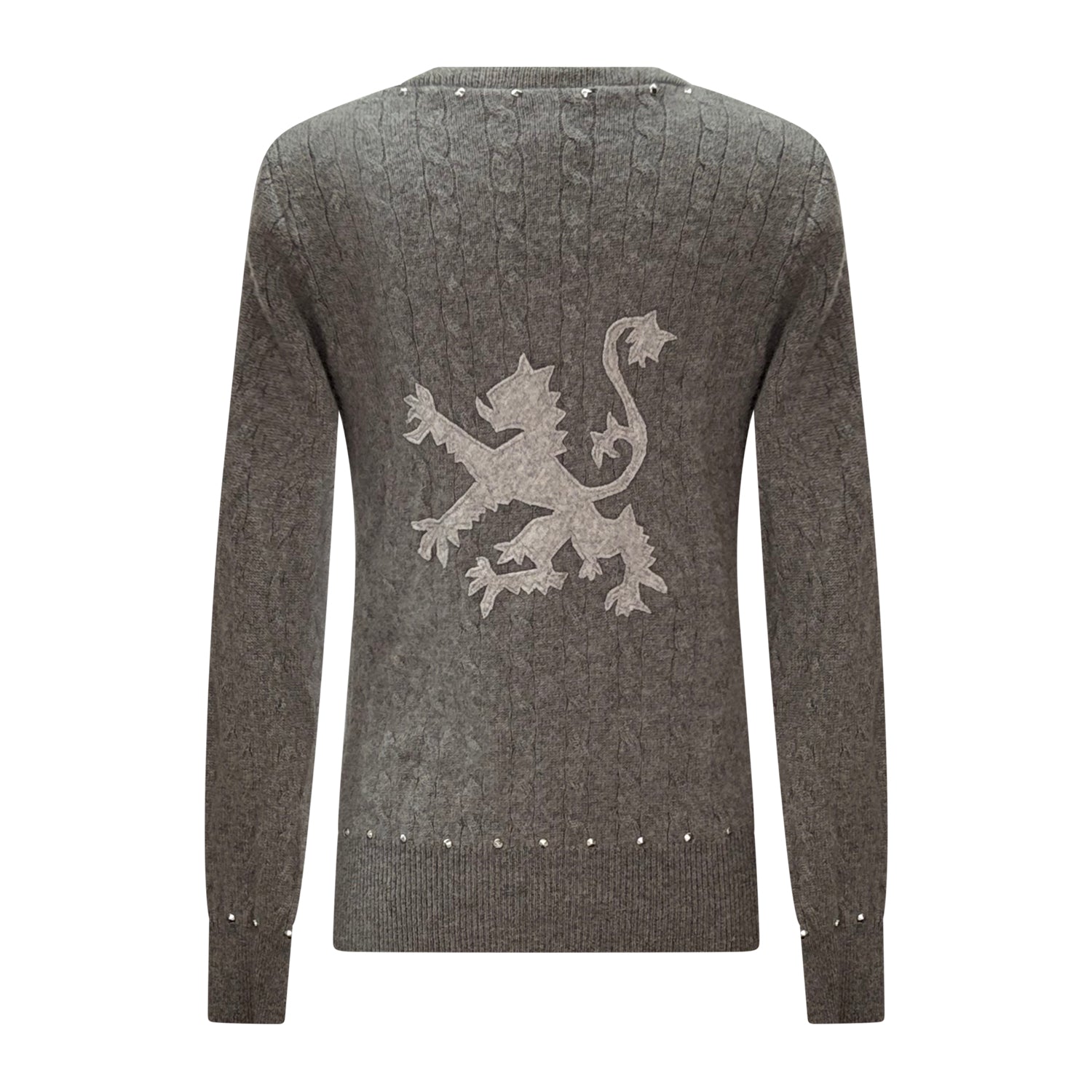 Grey ribbed reincarnated cashmere cardigan with tonal griffin appliqué and stud embellishments, one-of-a-kind sustainable design.