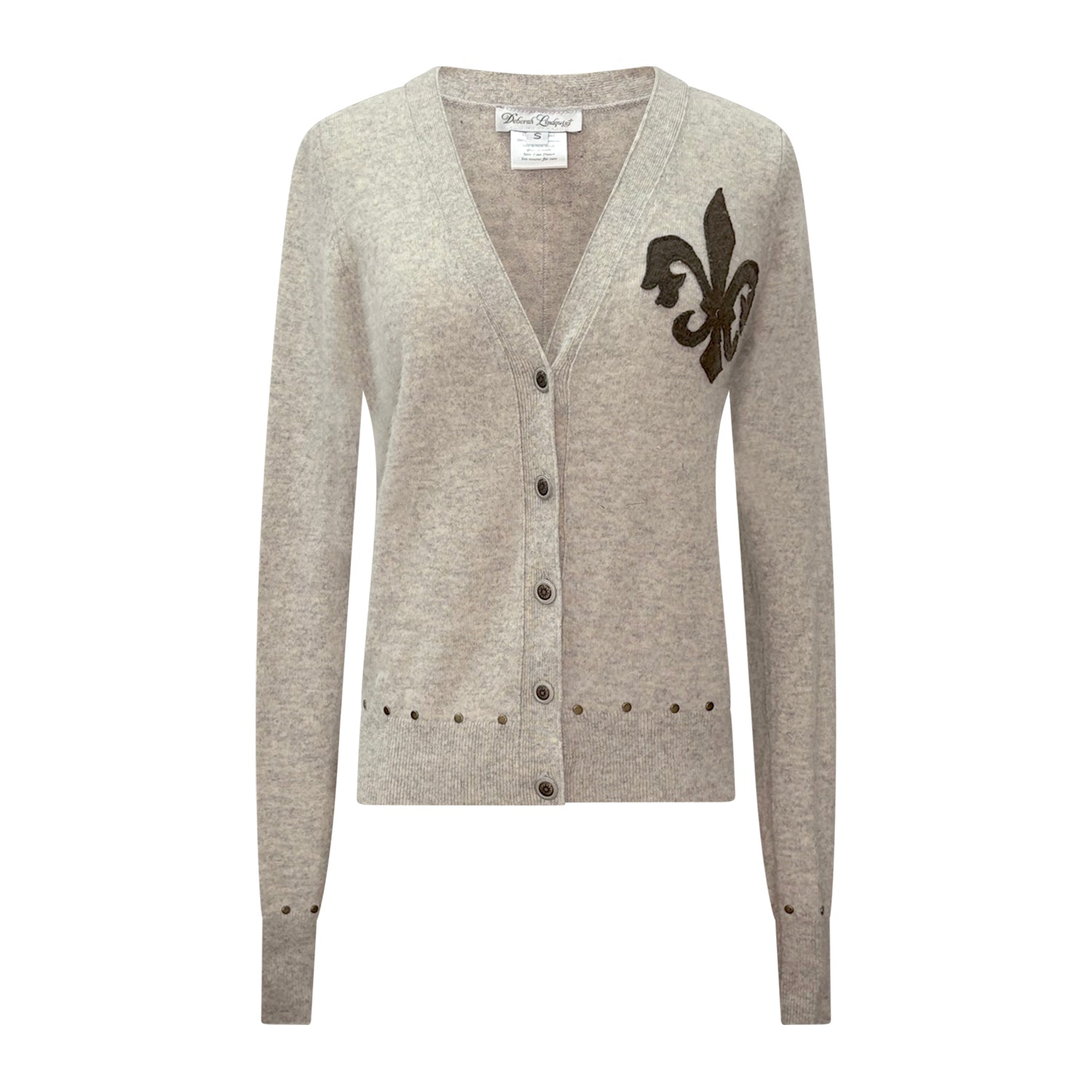 Heather grey v-neck cashmere cardigan with brown fleur de lys appliqué and antique brass studs.