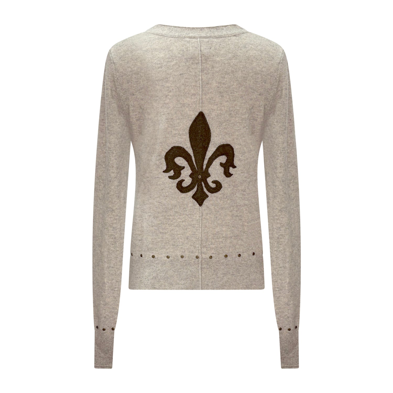 back Heather grey v-neck cashmere cardigan with brown fleur de lys appliqué and antique brass studs.