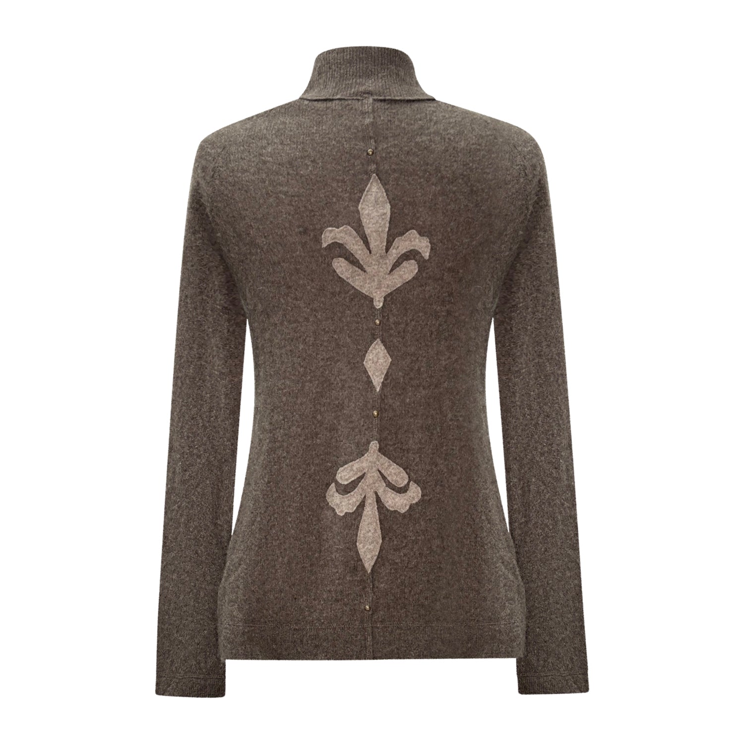 One-of-a-kind taupe cashmere wrap sweater with center-back fleur de lis appliqués. Handmade from upcycled cashmere. Size Small. Sustainable, elegant, and unique.