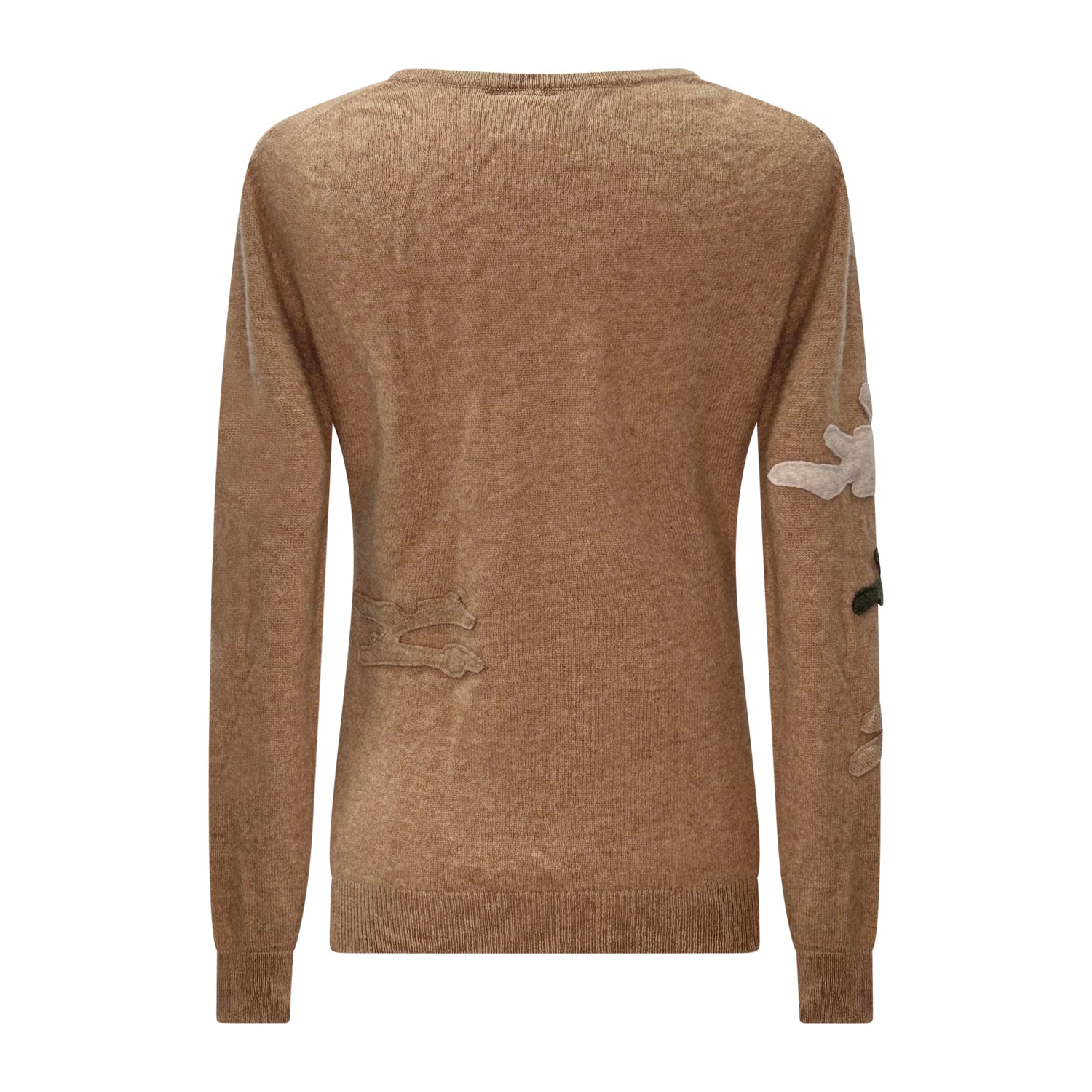 tan reincarnated cashmere pullover with asymmetrical camouflage applique in earth tones.