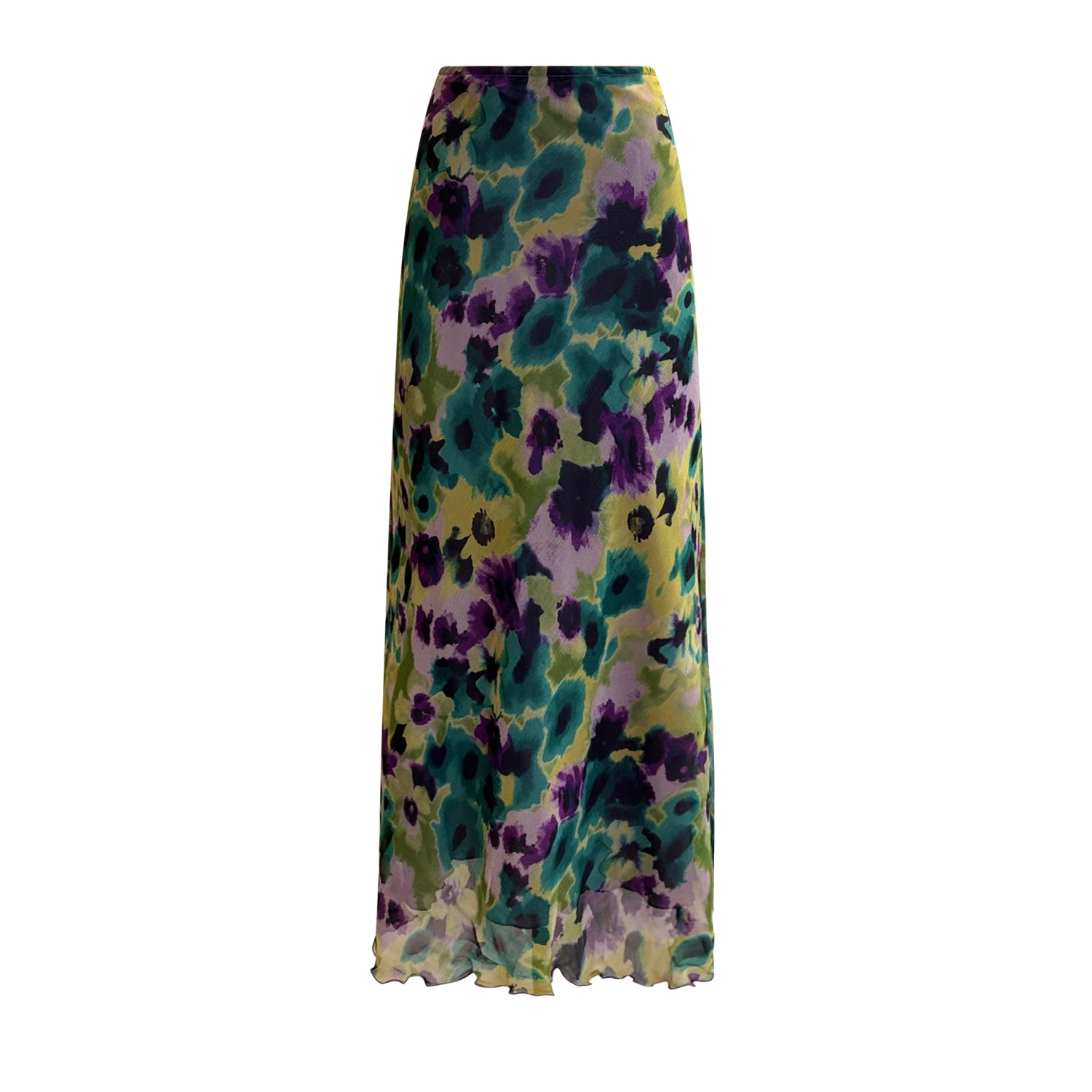 Monet-inspired floral silk chiffon bias-cut slipskirt with invisible side zipper and full silk lining, made from deadstock fabric.