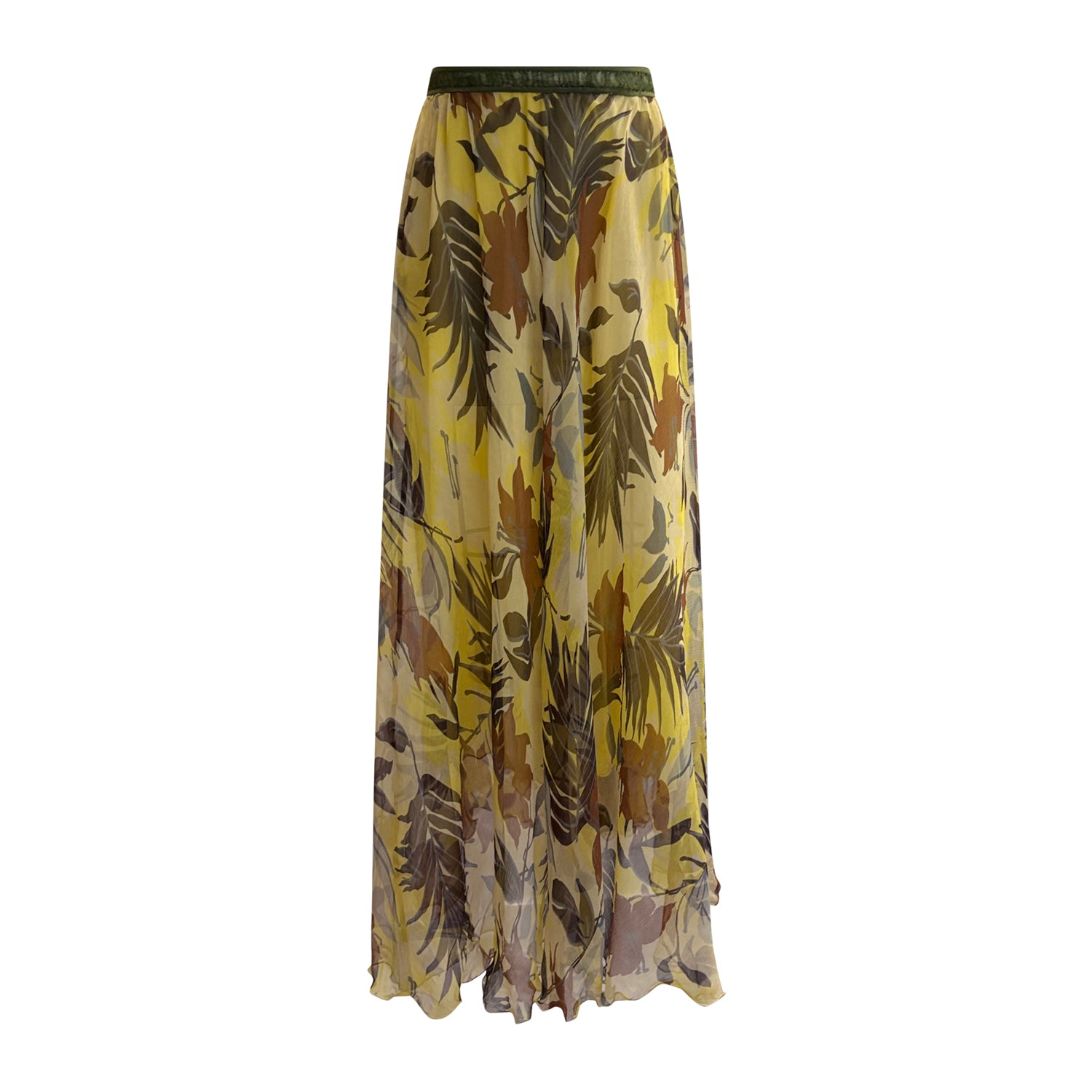 Tropical floral print silk chiffon maxi skirt with half-circle silhouette and elastic waistband, made from lightweight deadstock fabric.