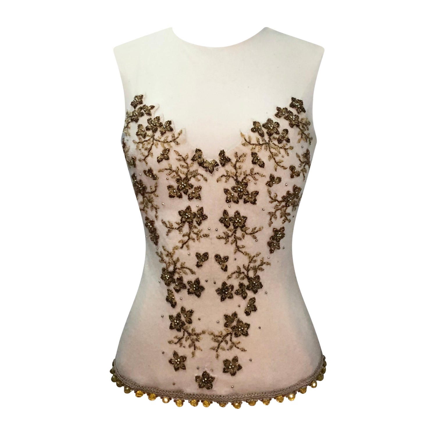 Vintage ivory wool bustier with bronze floral beading and illusion neckline.