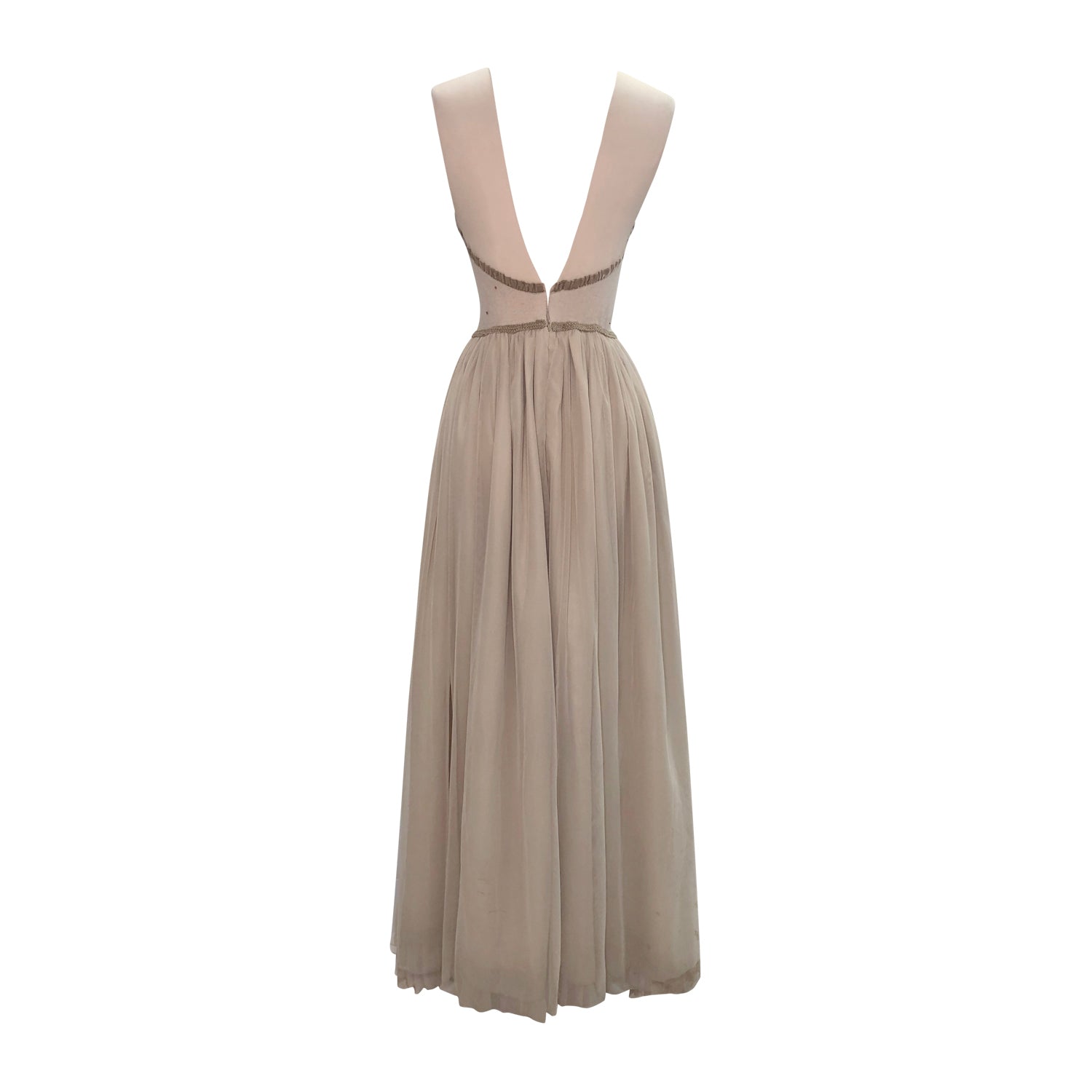 back Elysia Gown – one-of-a-kind vintage beaded wool bodice with illusion neckline and bronze floral beadwork, featuring a flowing English net and silk chiffon skirt in soft beige