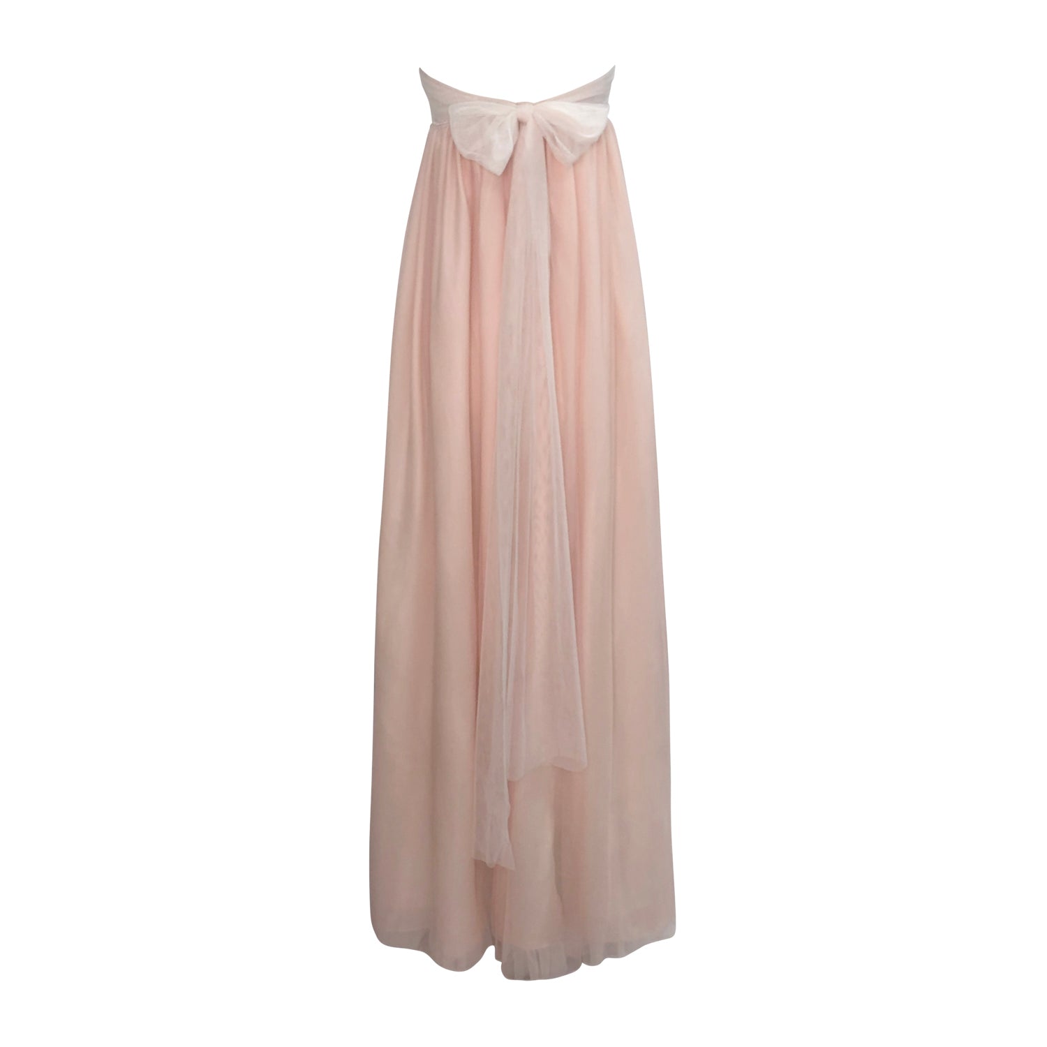 back Guinevere Blush Empire Gown with vintage beaded wool bodice, clear crystal bead details, and flowing English net skirt in soft blush, designed with an empire waist silhouette.