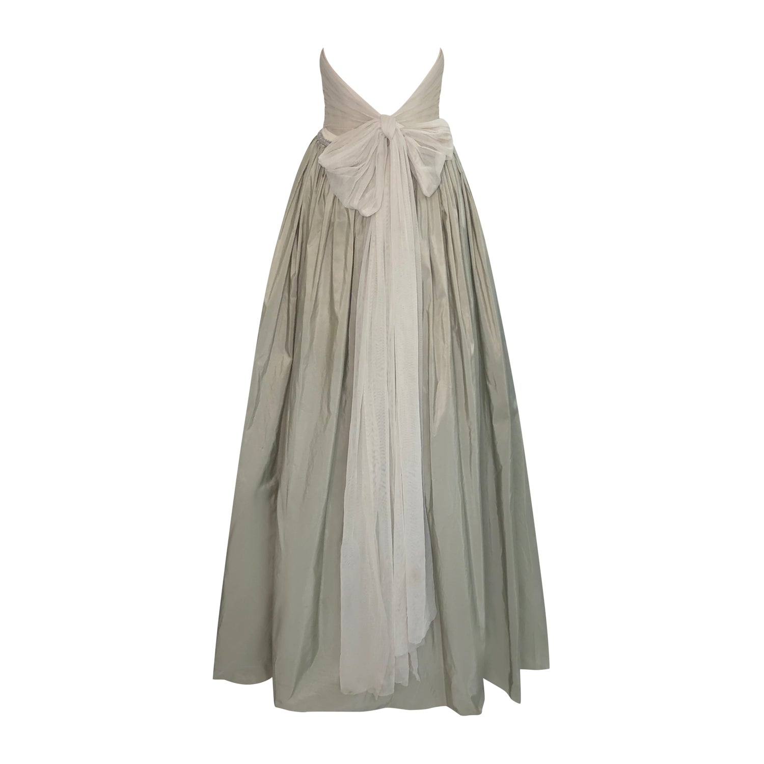 back Pewter silk ballgown with metallic vintage lace bustier bodice 