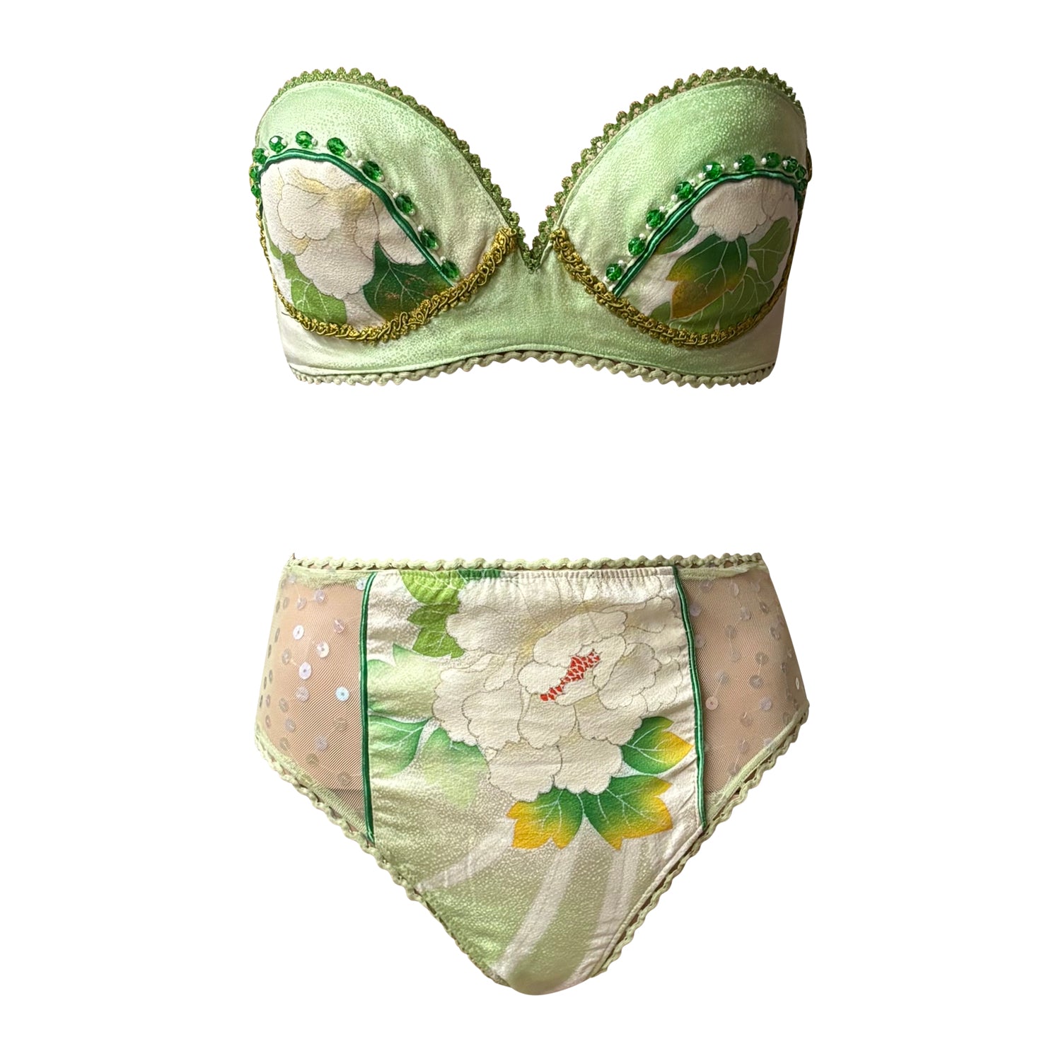 Solène Retro Suit — Green Floral & Sequin Mesh