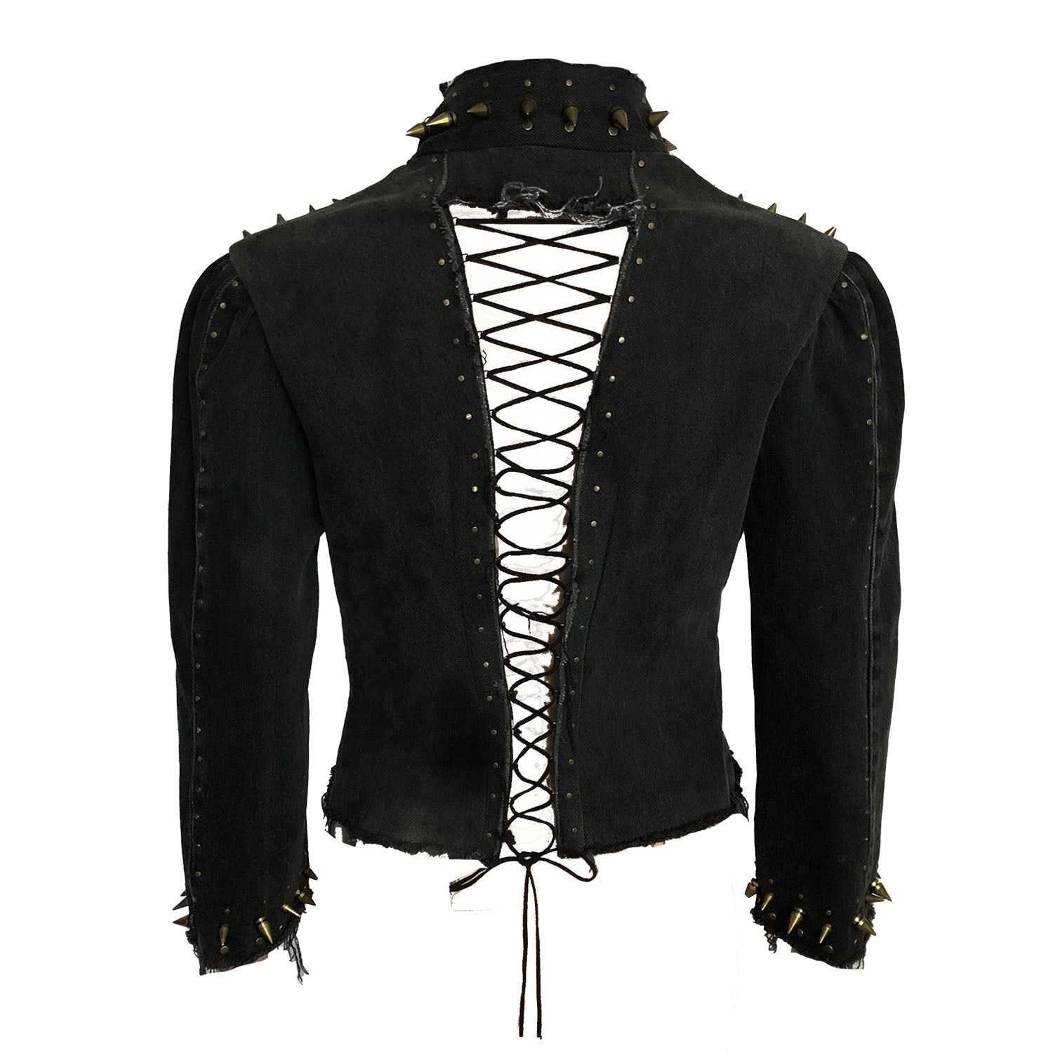 Suzi Jacket in distressed black denim with brass spikes and corset back, glam punk design by Deborah Lindquist back