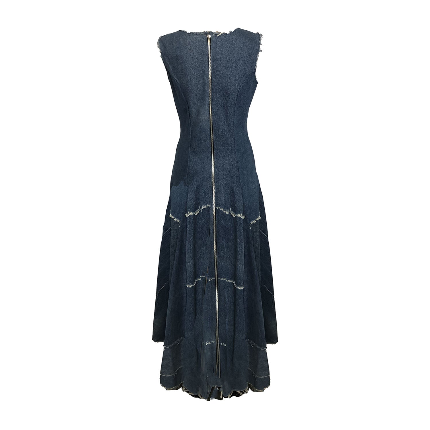 back Valerie Dress in medium indigo – upcycled denim dress with fit-and-flare silhouette, raw hems, and exposed zipper.