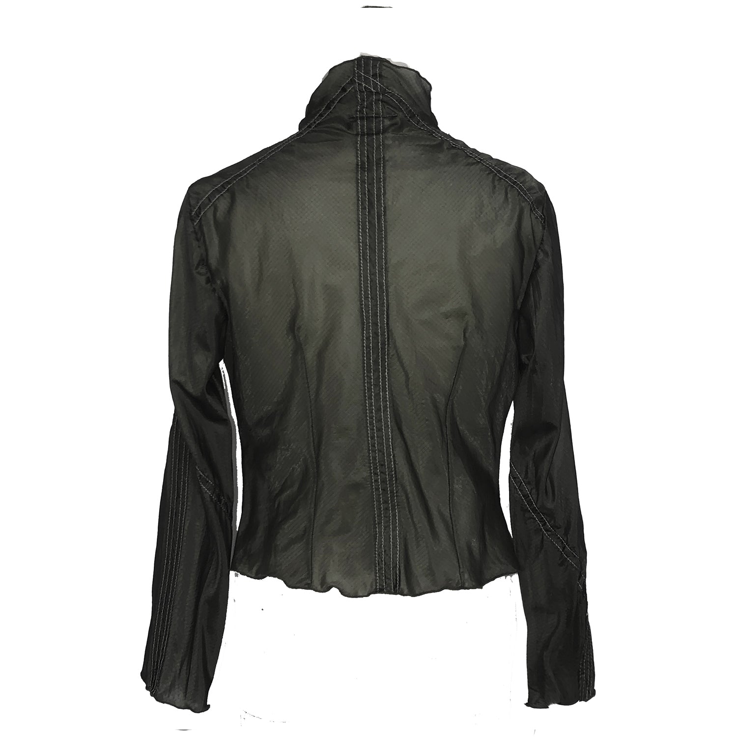 Lightweight steel grey parachute jacket with long sleeves and a softly draped, flutter-style front.