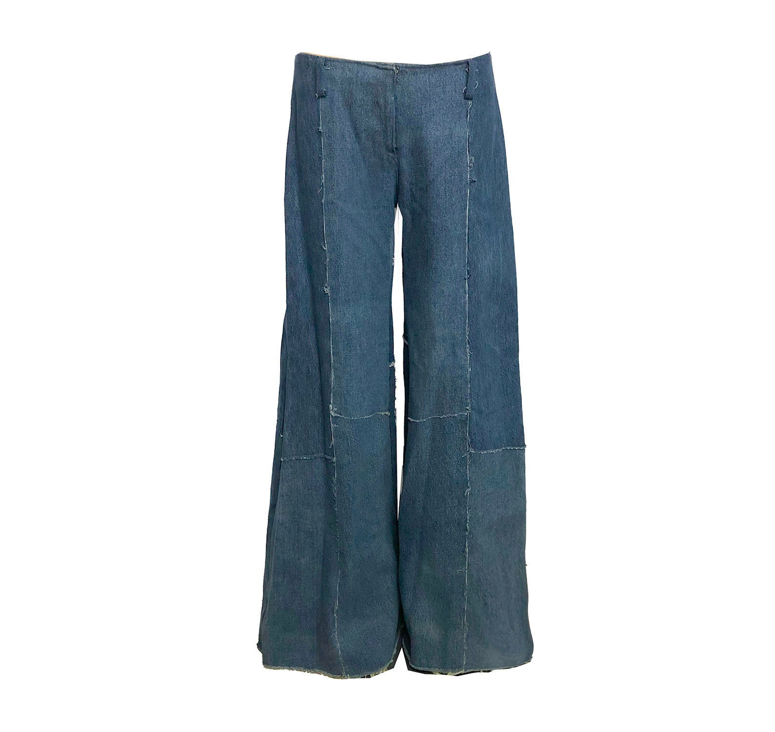 Alex Jean in Medium Blue – wide-leg low-rise upcycled denim jeans with fly front and raw hem, shown in soft indigo wash.
