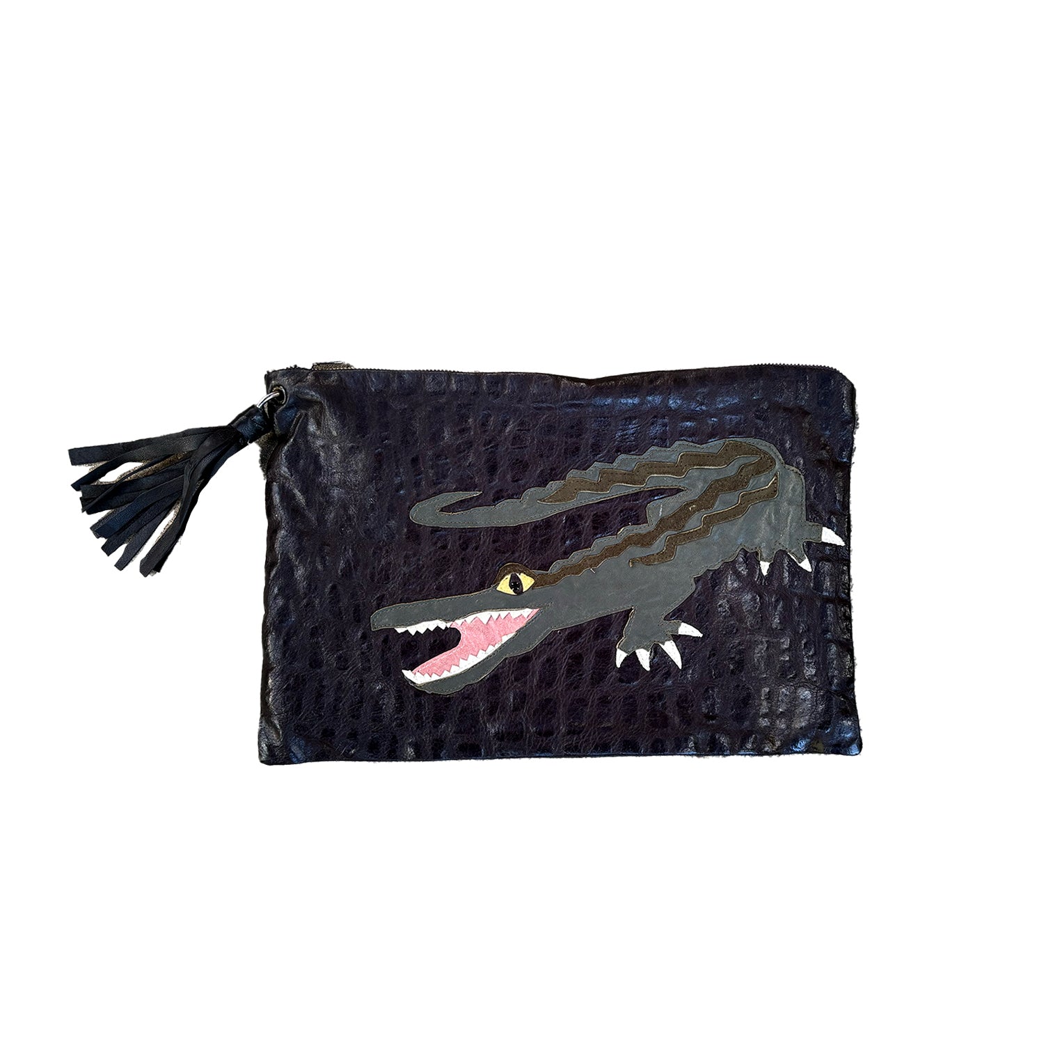 Upcycled black leather clutch bag with textured finish and appliquéd alligator