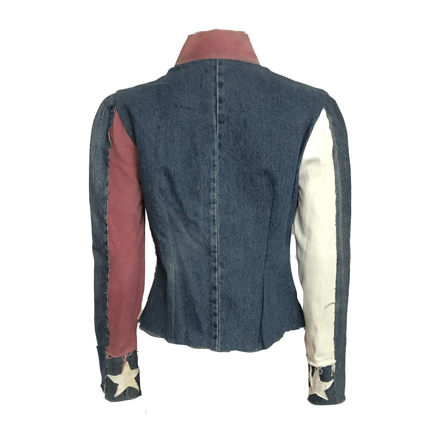 Fitted denim jacket with a mandarin collar, long sleeves, and raw-edge detailing, featuring upcycled applique American flag stars and stripes.