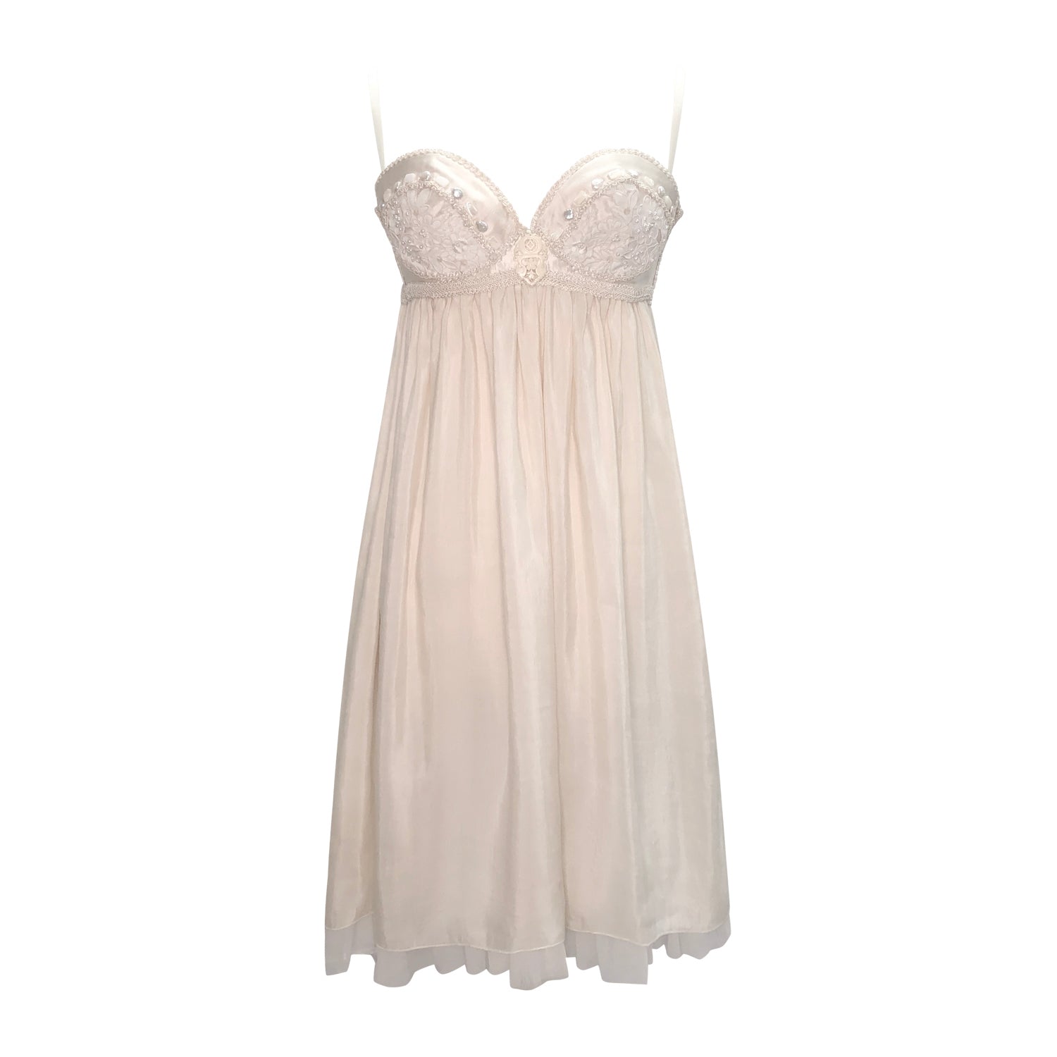 Amy Dress – Empire waist hemp/silk organza mini dress with embroidered bust and pearl shell beading