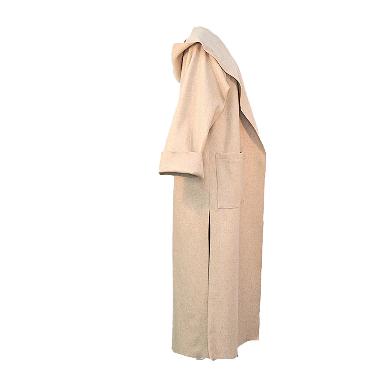 Full-length oatmeal wool coat with oversized hood, front pockets, and side slits — Angela coat made from deadstock fabric.