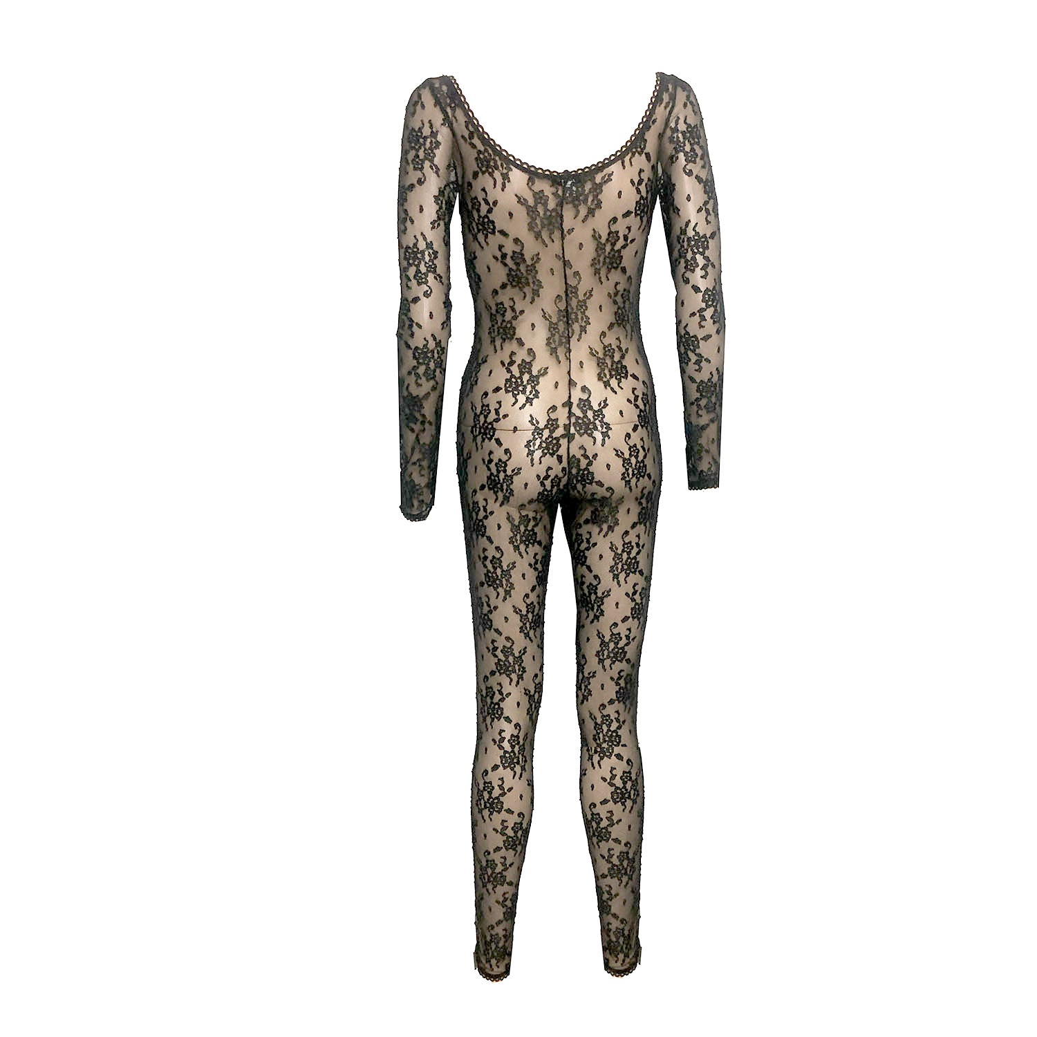 backAshley Catsuit – A long sleeve, sheer stretch lace catsuit with wide neckline, sustainably made from deadstock fabric. Elegant, unlined, and limited edition.