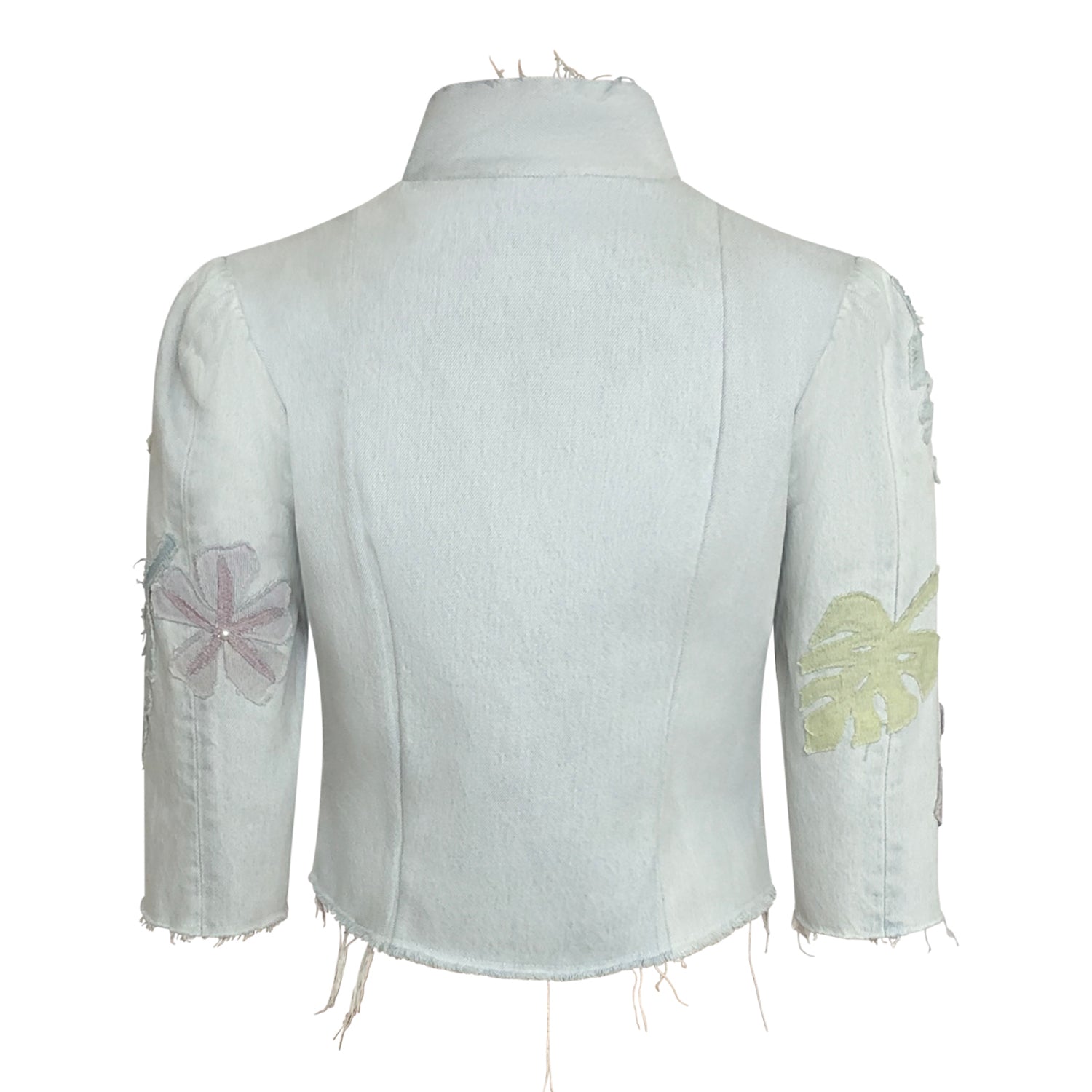 Bleached denim jacket with floral appliqué, hook front, and cropped fit.