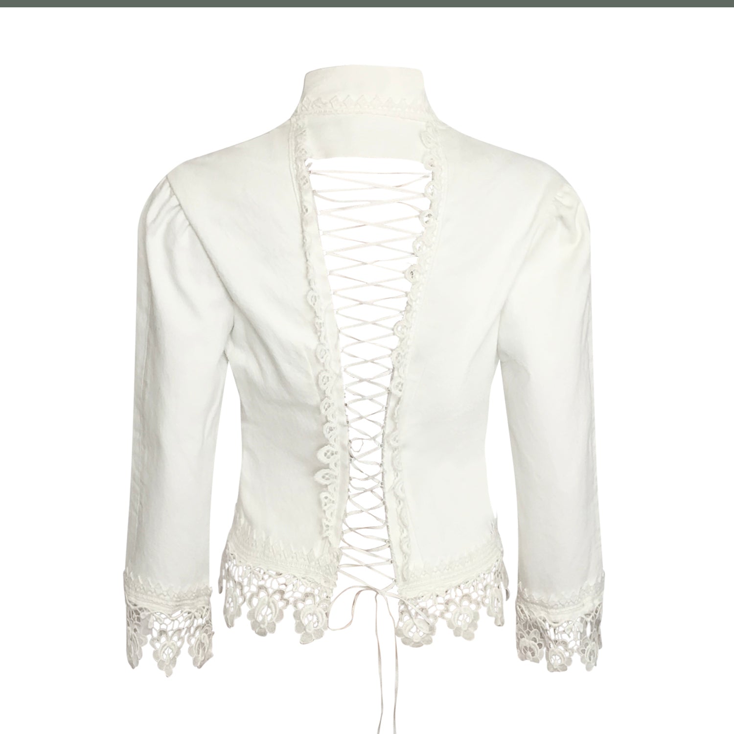 back Lacey Jacket in white upcycled denim with corset back and organic cotton lace trim at sleeves and hem.