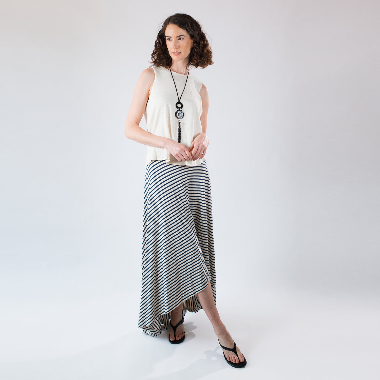 model in Striped high-low skirt in hemp cotton with elastic waist