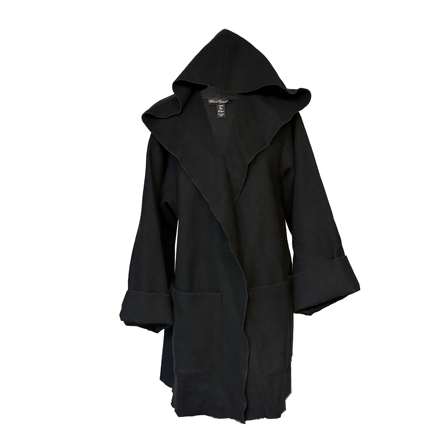 Black oversized wool coat with hood, front pockets, and cuffed sleeves — Alisha short coat made from deadstock fabric.