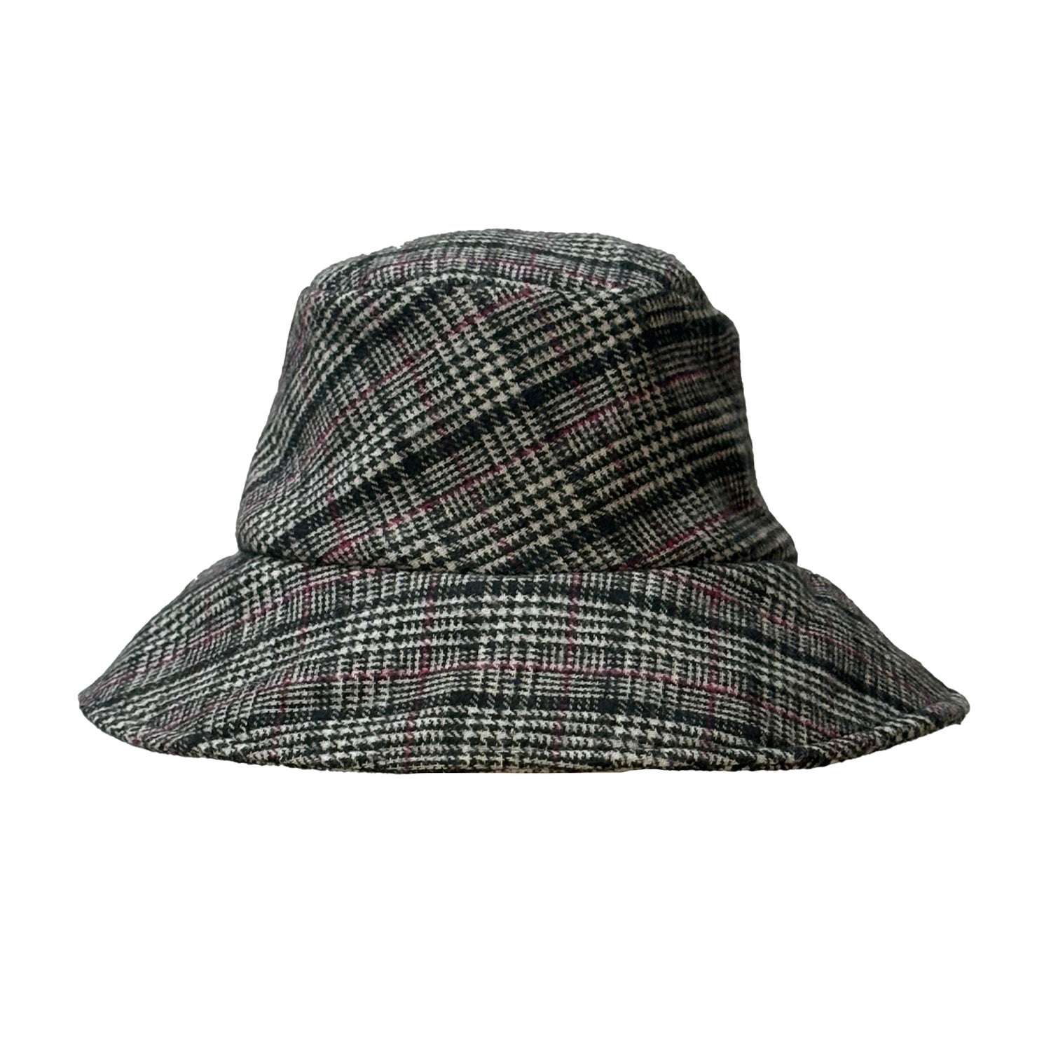 Black plaid bucket hat in 100% wool with structured brim — unisex fit, made from surplus suiting fabric.