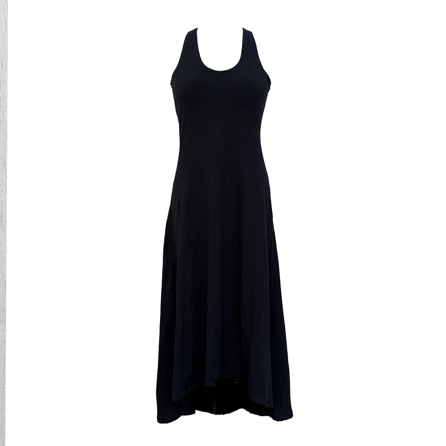 Ankle-length racerback black dress with fitted waist and high/low hem — Rhea Dress in sustainable hemp cotton blend.