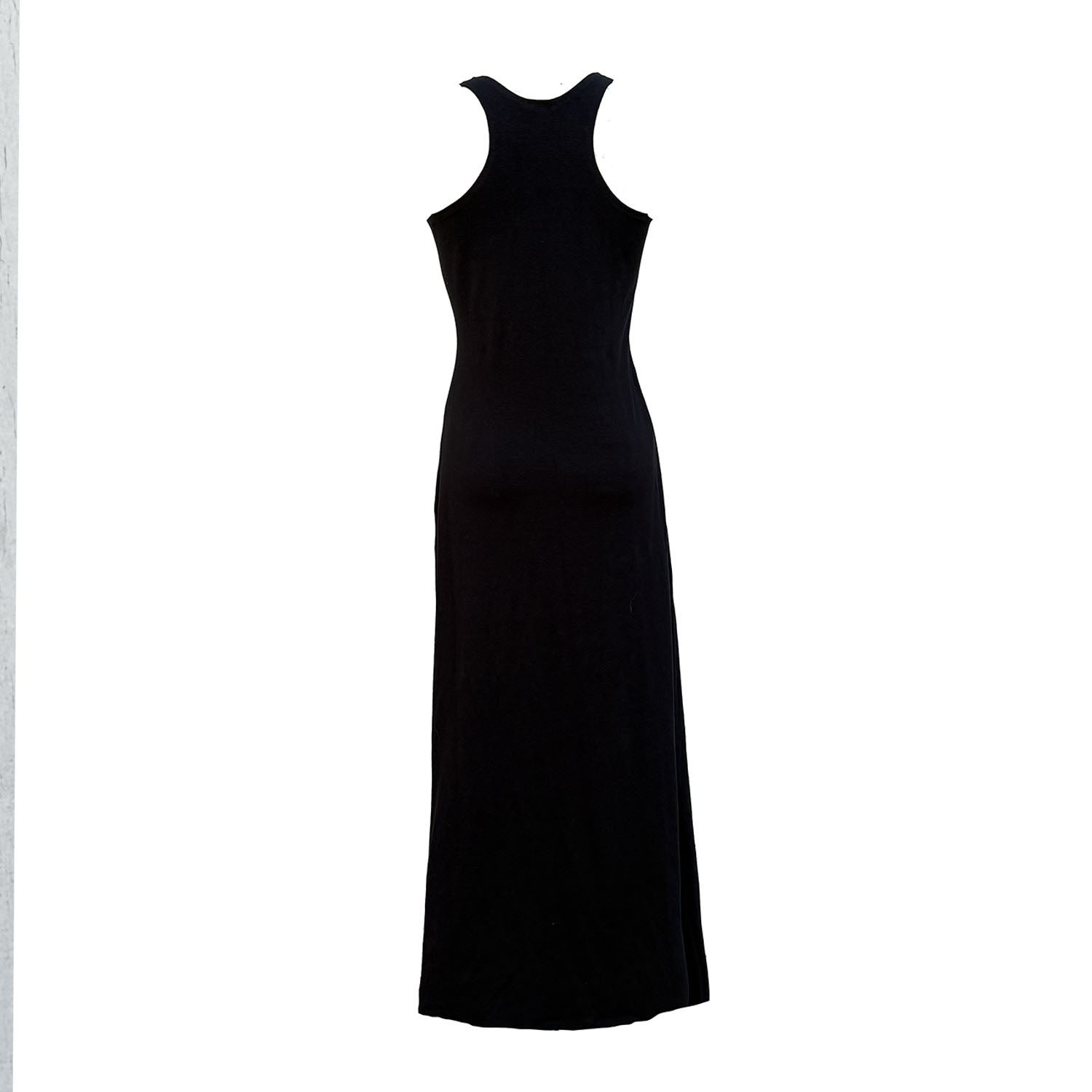 backAnkle-length racerback black dress with fitted waist and high/low hem — Rhea Dress in sustainable hemp cotton blend.