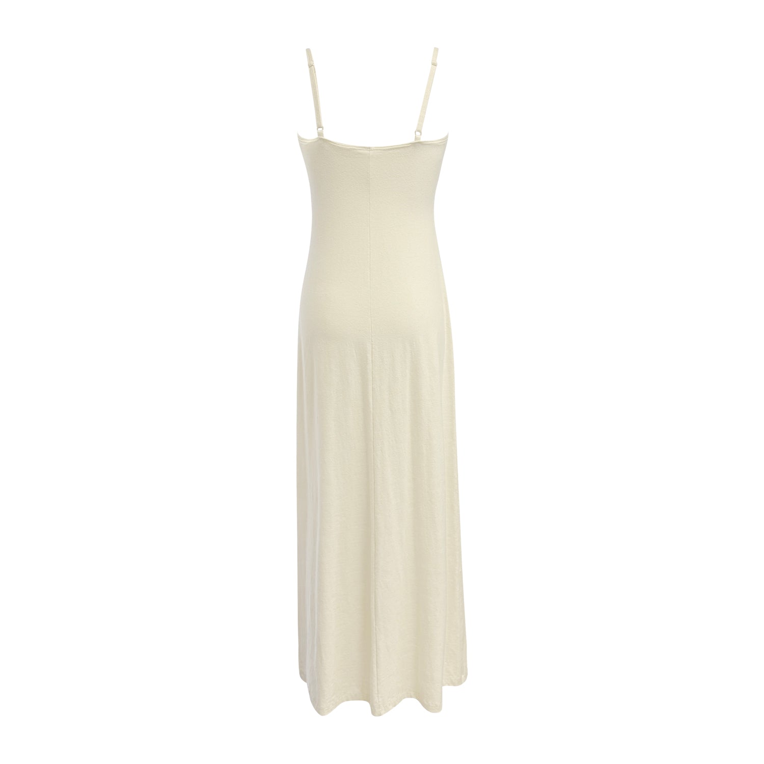 Bridget Hemp Dress in Crème – ankle-length slip dress with adjustable spaghetti straps, sustainable hemp blend fabric.