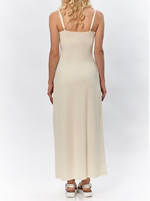 back Bridget Hemp Dress in Crème – ankle-length slip dress with adjustable spaghetti straps, sustainable hemp blend fabric.