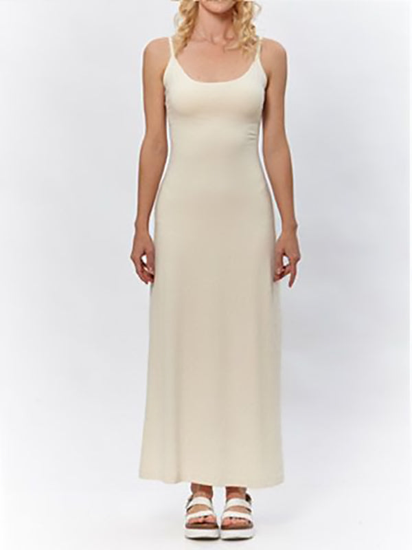 Bridget Hemp Dress in Crème – ankle-length slip dress with adjustable spaghetti straps, sustainable hemp blend fabric.