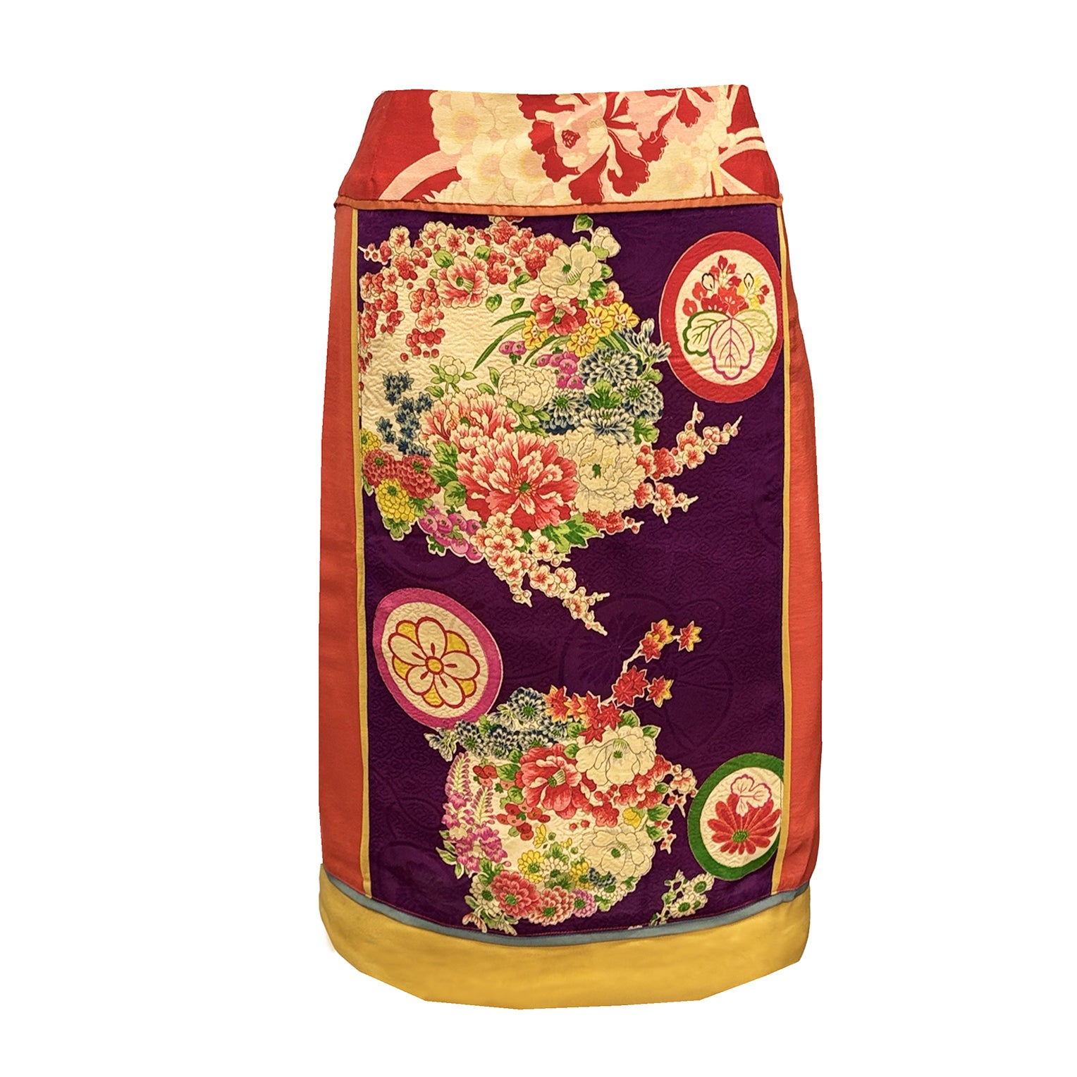 Grace Skirt Brights in vintage silk kimono fabric with colorful floral motifs, silk border and coordinating piping.