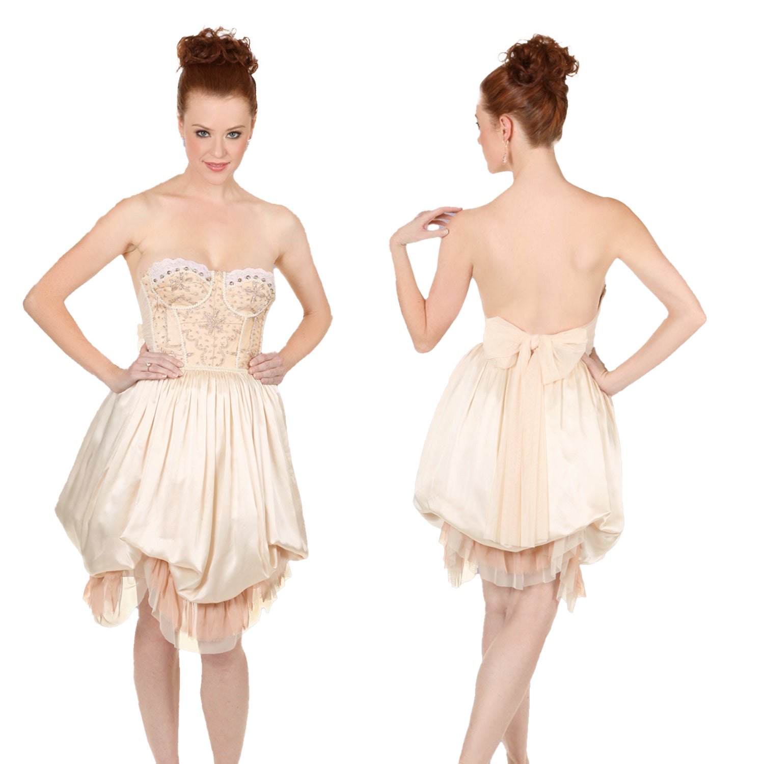 Brittany Dress – One-of-a-kind halter gown with hand-beaded bodice, bustled silk skirt, and layered chiffon hem