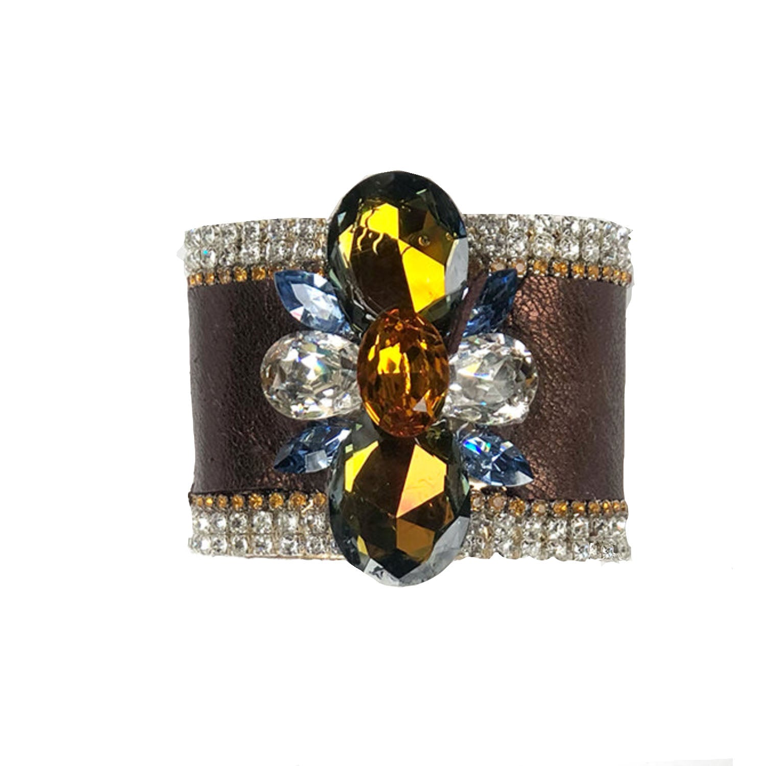 Brown leather statement cuff with crystal floral embellishment