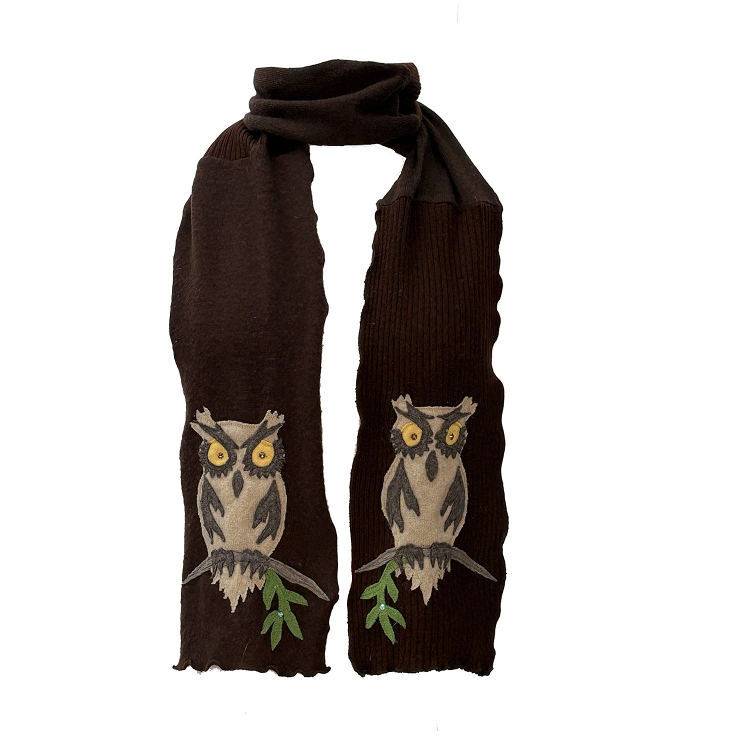 Brown reincarnated cashmere scarf with owl appliqués and green branch accents on each end.