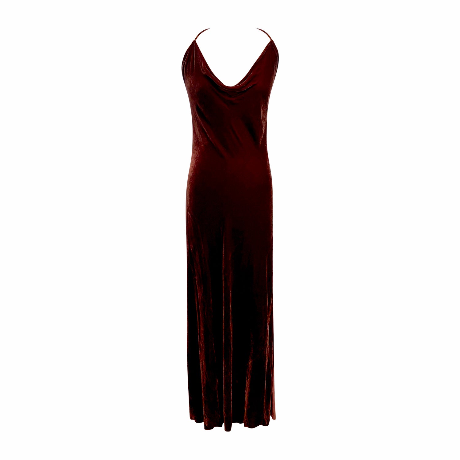 Burgundy velvet slip dress with cowl neckline and adjustable straps. Elegant silk/rayon blend. A timeless evening essential.